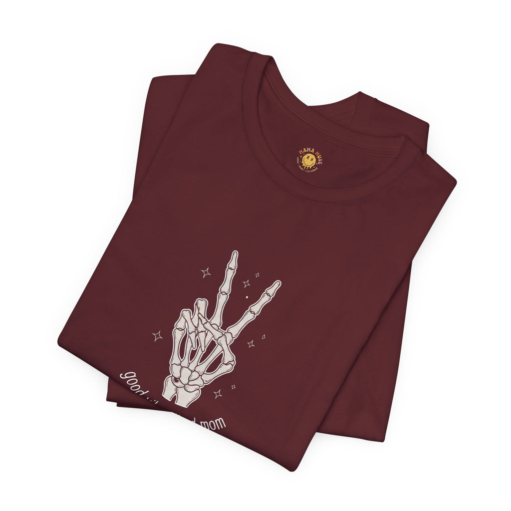 Skeleton Peace Sign T-Shirt - "Good Vibes, Tired Mom" Retro Skull Peace Tee