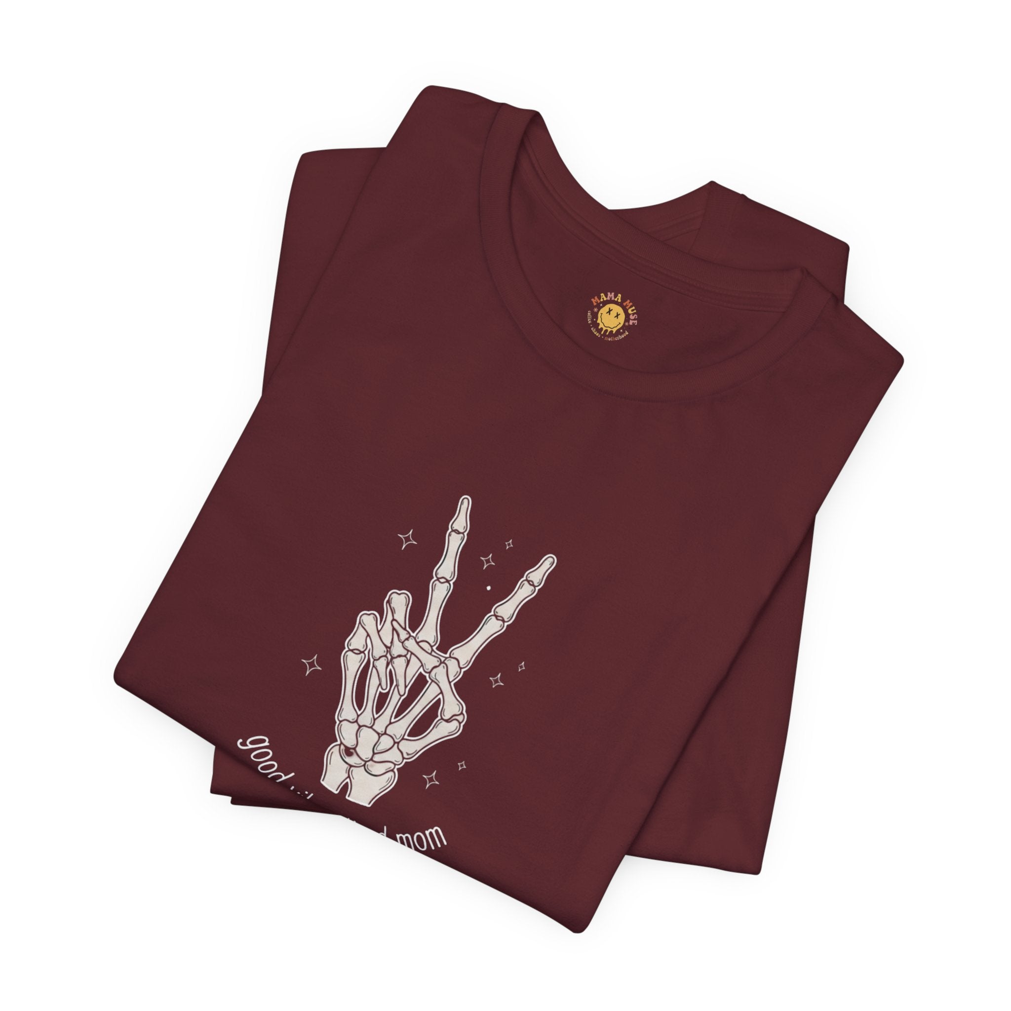 Skeleton Peace Sign T-Shirt - "Good Vibes, Tired Mom" Retro Skull Peace Tee