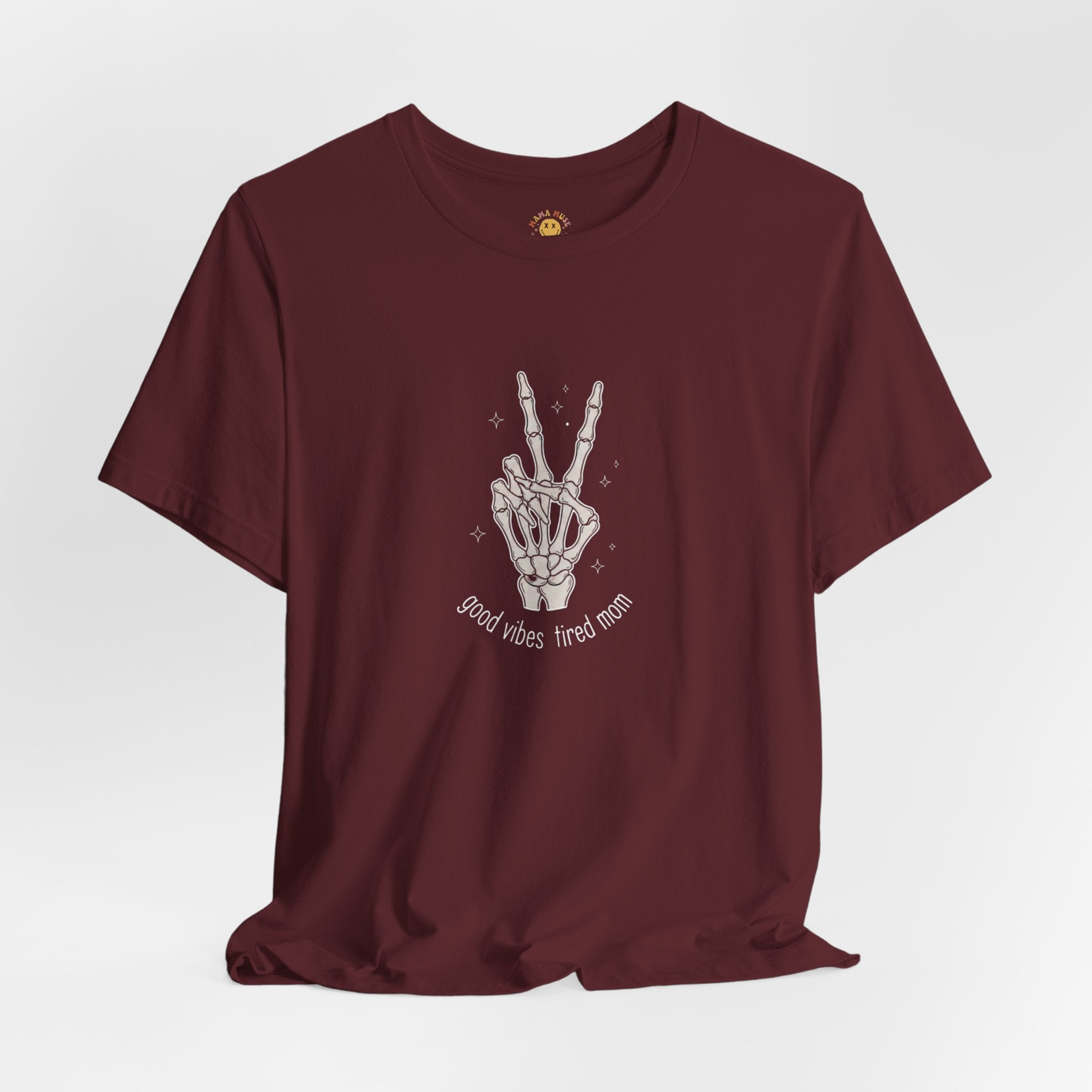 Skeleton Peace Sign T-Shirt - "Good Vibes, Tired Mom" Retro Skull Peace Tee