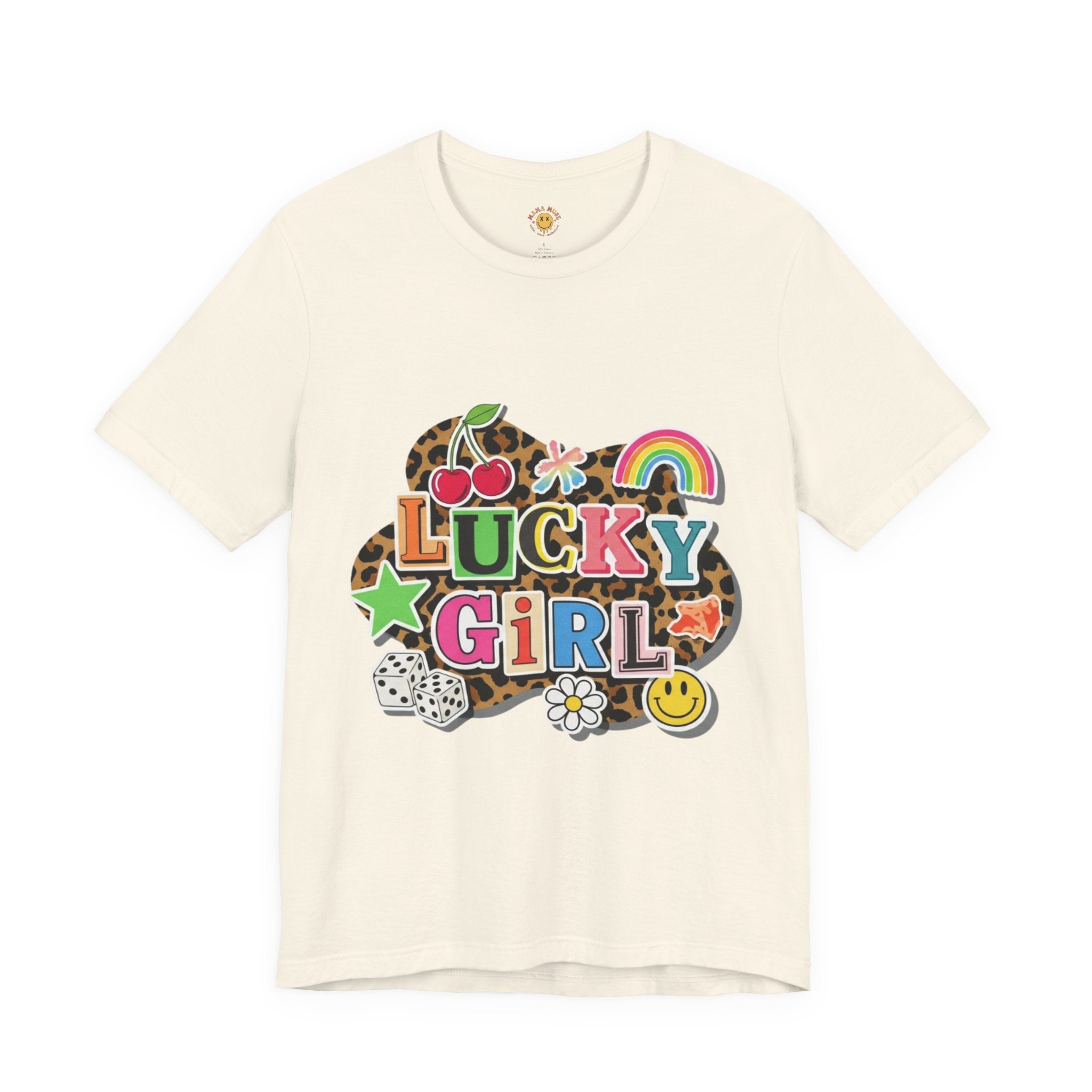 Lucky Girl Graphic Tee — Vibrant Retro Rainbow & Leopard Print T-Shirt