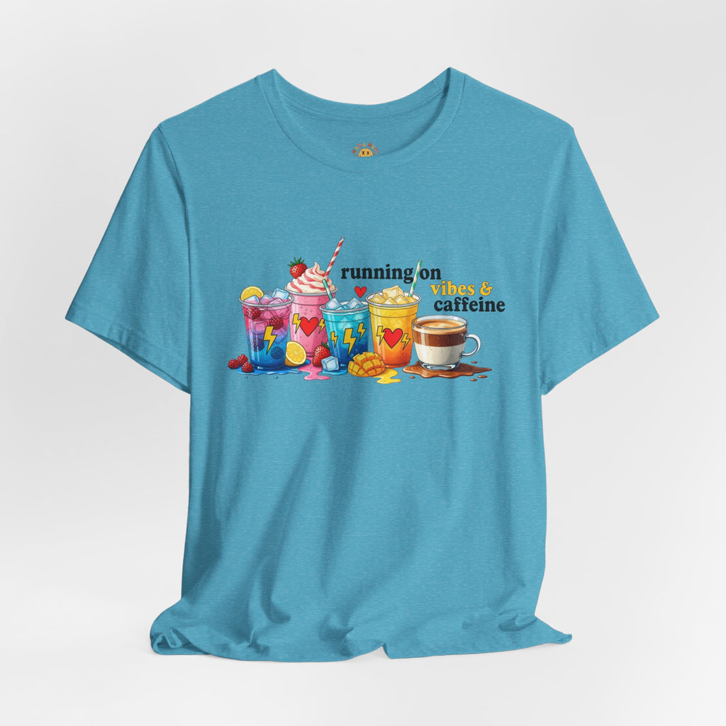 Running on Coffee & Vibes T‑Shirt — Colorful Beverage Graphic Tee