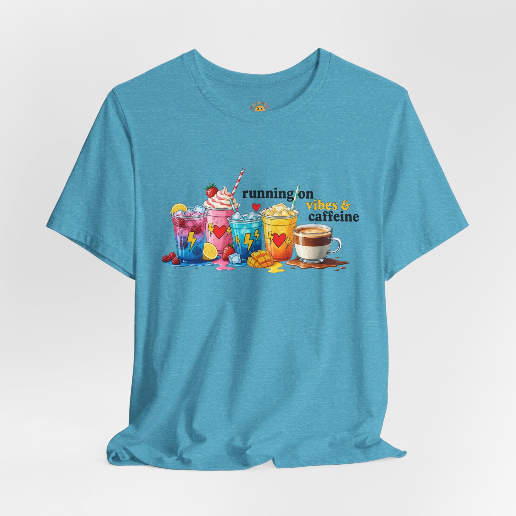 Running on Coffee & Vibes T‑Shirt — Colorful Beverage Graphic Tee