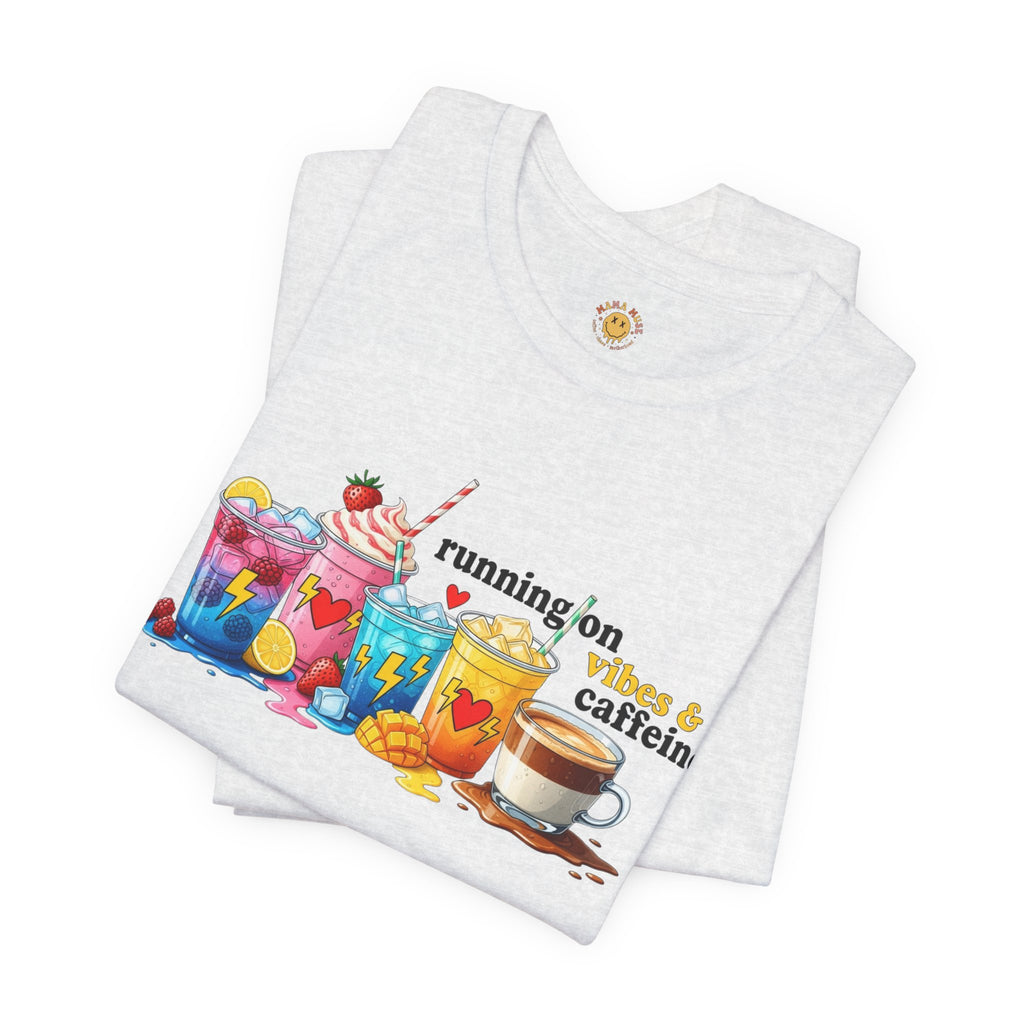 Running on Coffee & Vibes T‑Shirt — Colorful Beverage Graphic Tee