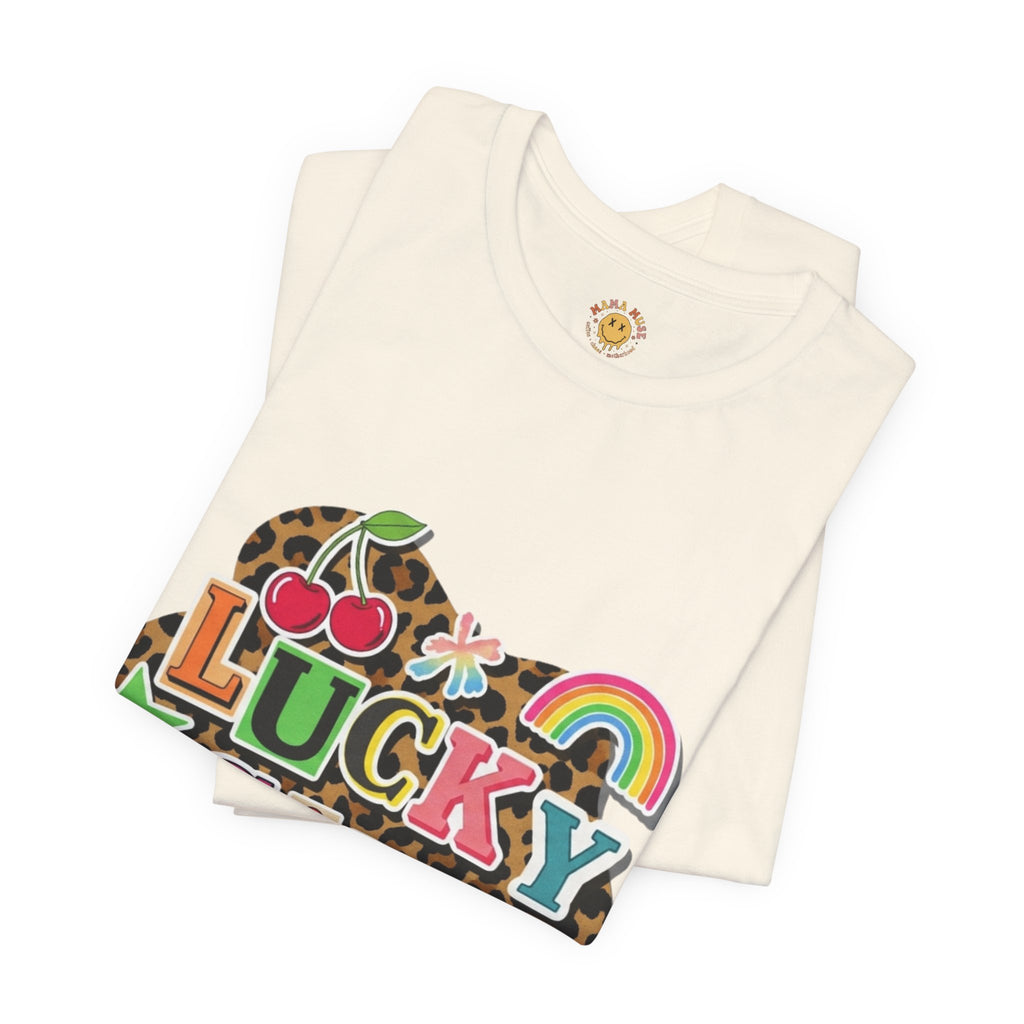 Lucky Girl Graphic Tee — Vibrant Retro Rainbow & Leopard Print T-Shirt