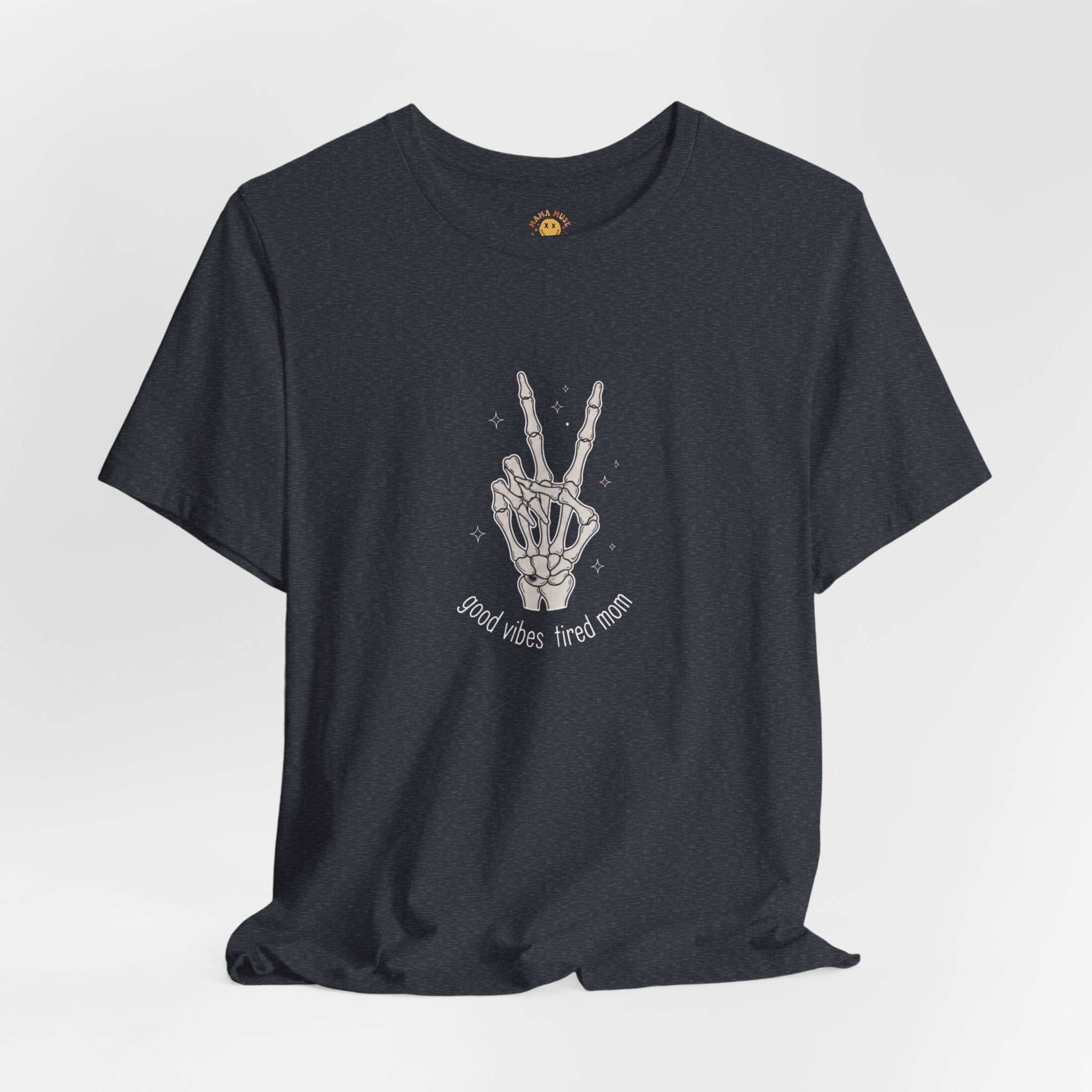 Skeleton Peace Sign T-Shirt - "Good Vibes, Tired Mom" Retro Skull Peace Tee