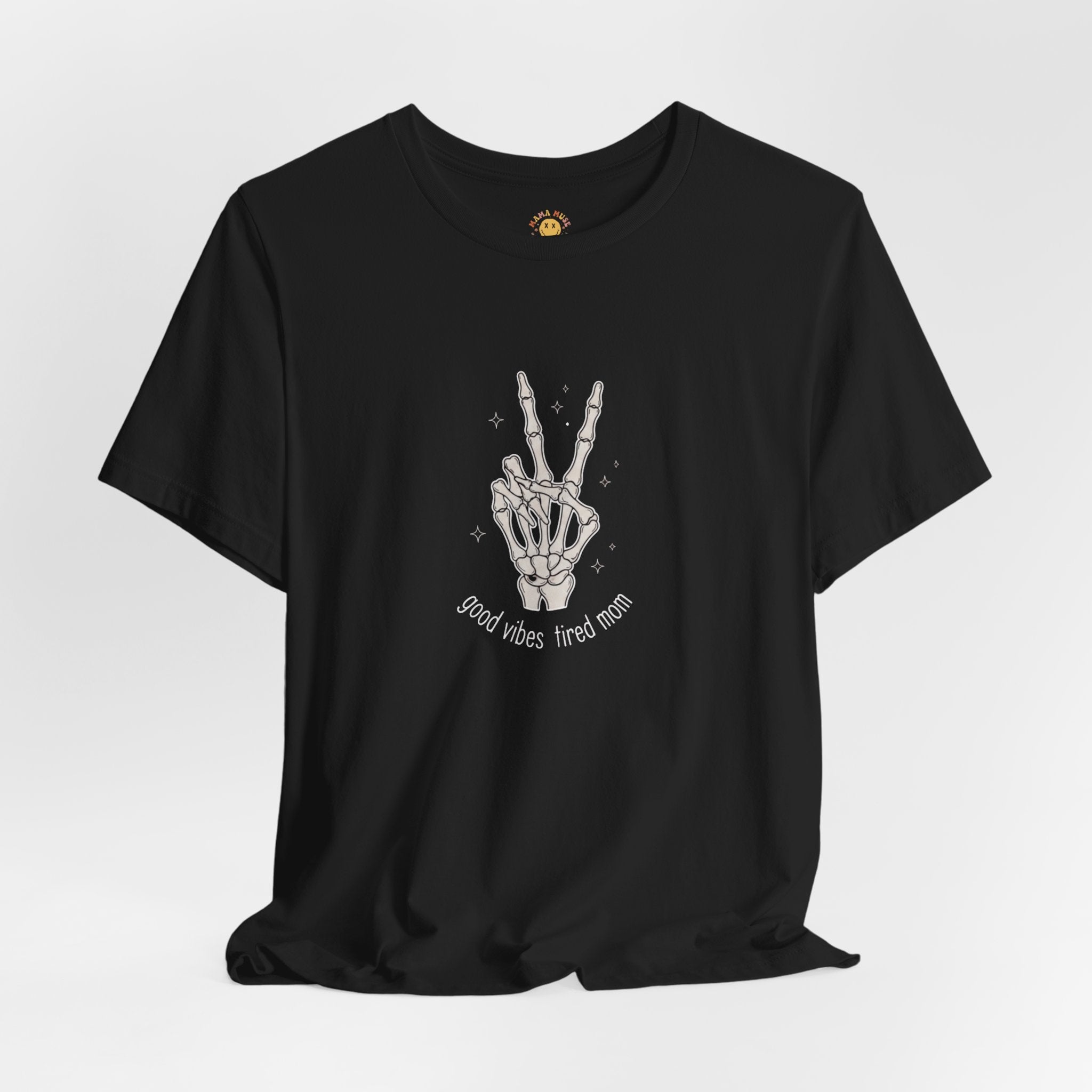 Skeleton Peace Sign T-Shirt - "Good Vibes, Tired Mom" Retro Skull Peace Tee