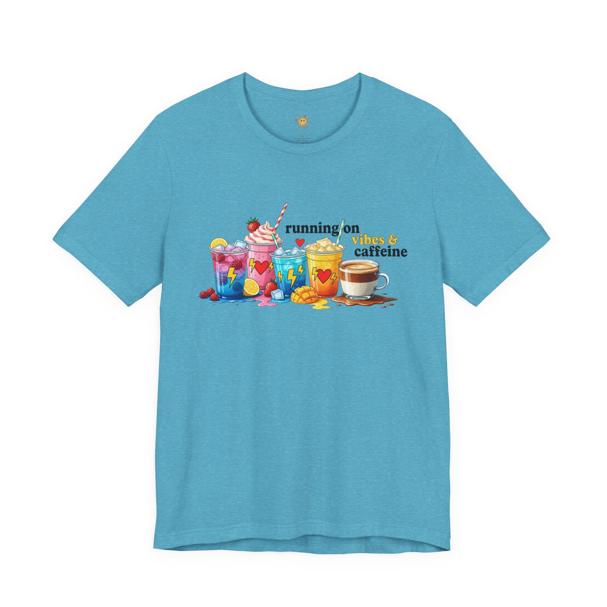 Running on Coffee & Vibes T‑Shirt — Colorful Beverage Graphic Tee