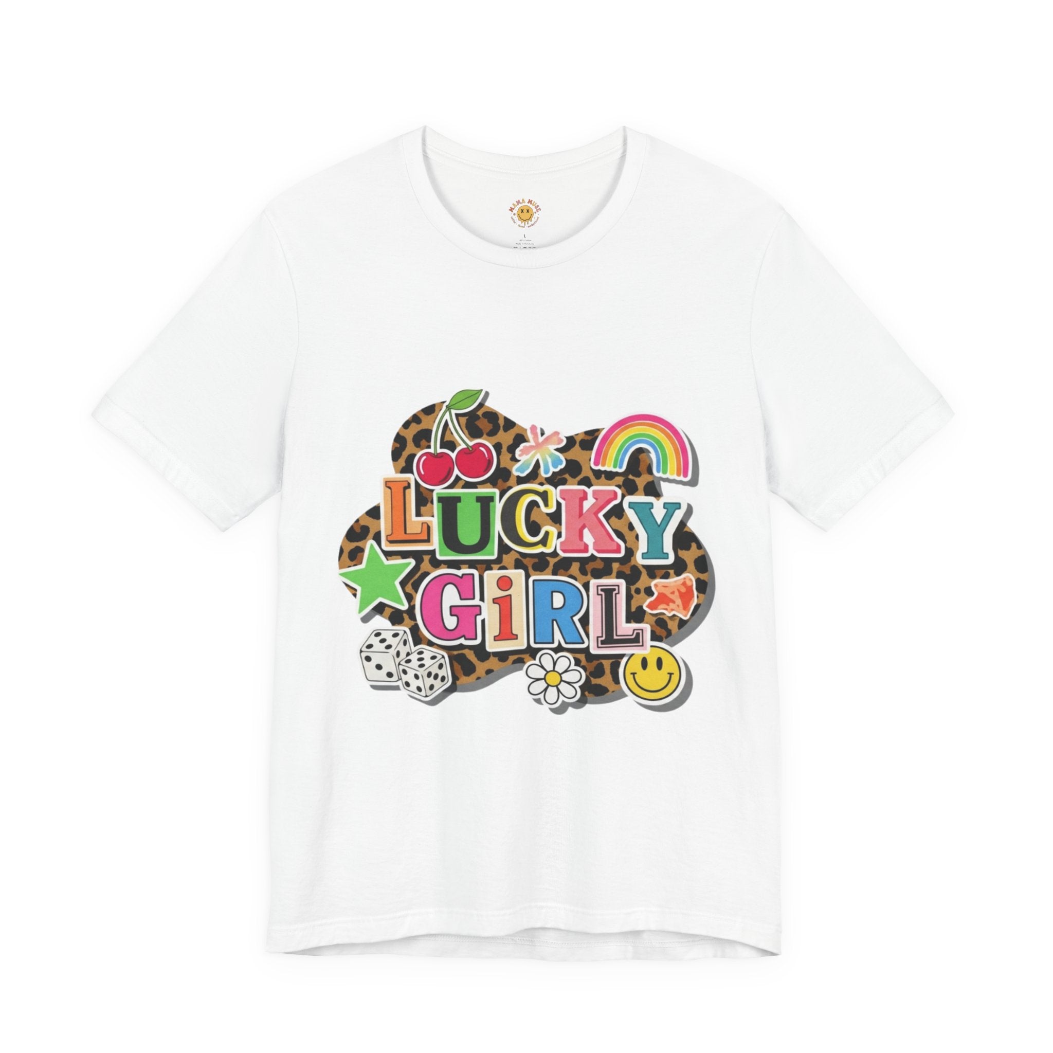 Lucky Girl Graphic Tee — Vibrant Retro Rainbow & Leopard Print T-Shirt