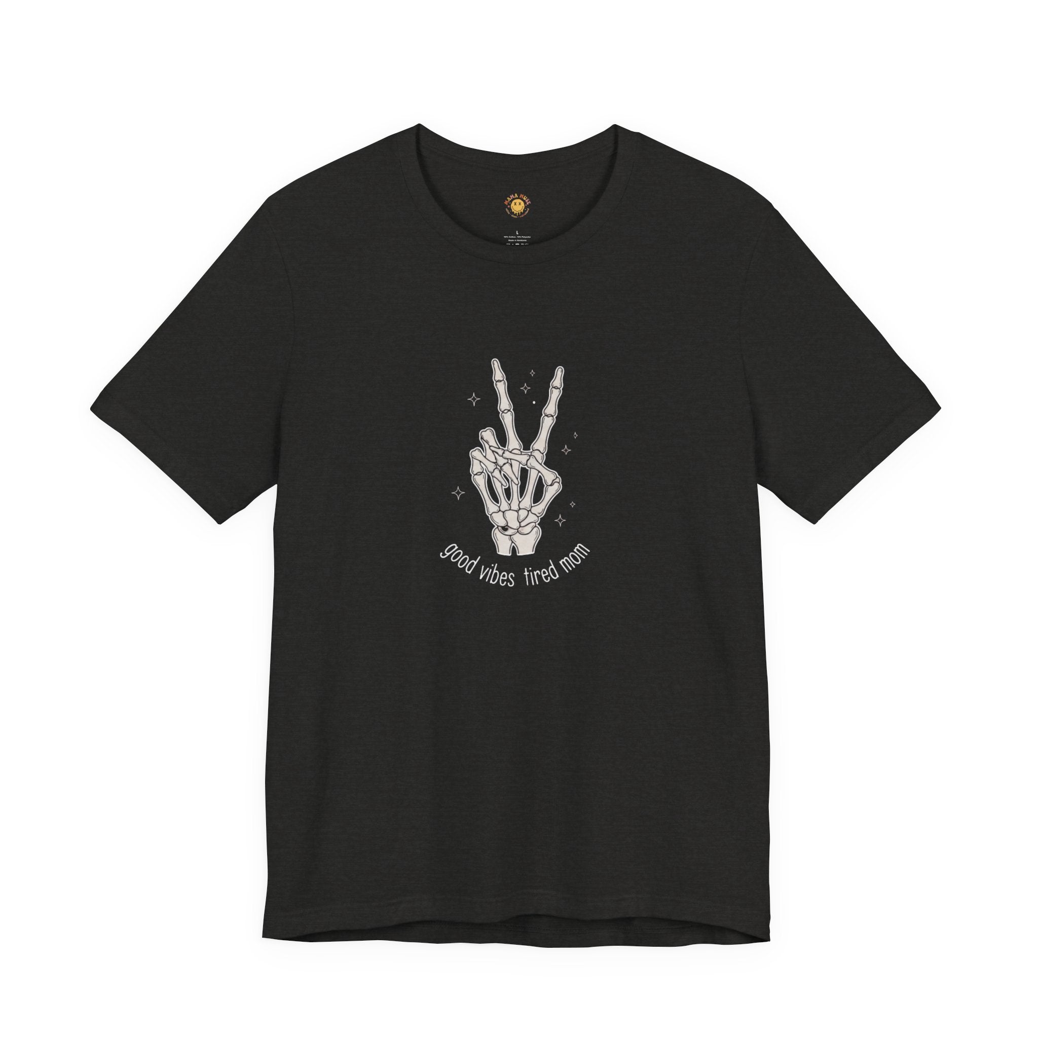 Skeleton Peace Sign T-Shirt - "Good Vibes, Tired Mom" Retro Skull Peace Tee