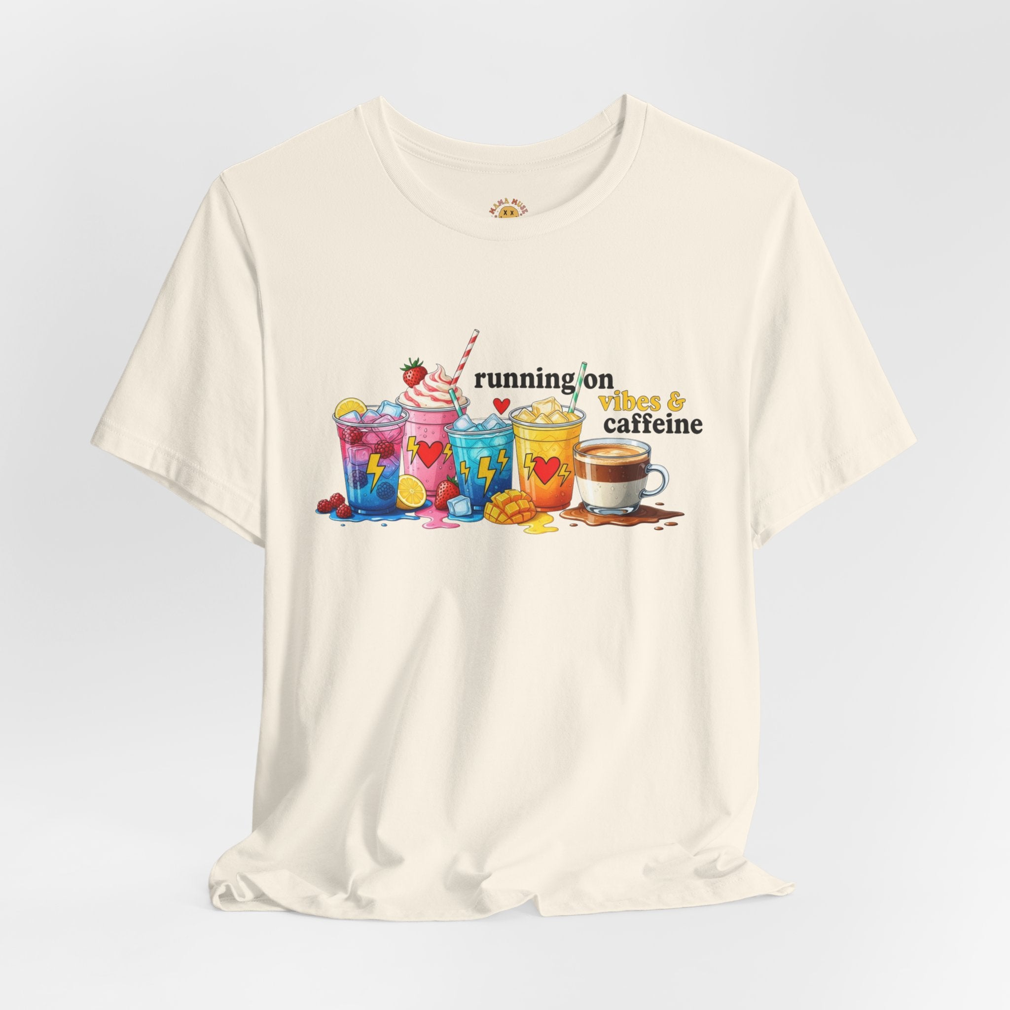 Running on Coffee & Vibes T‑Shirt — Colorful Beverage Graphic Tee