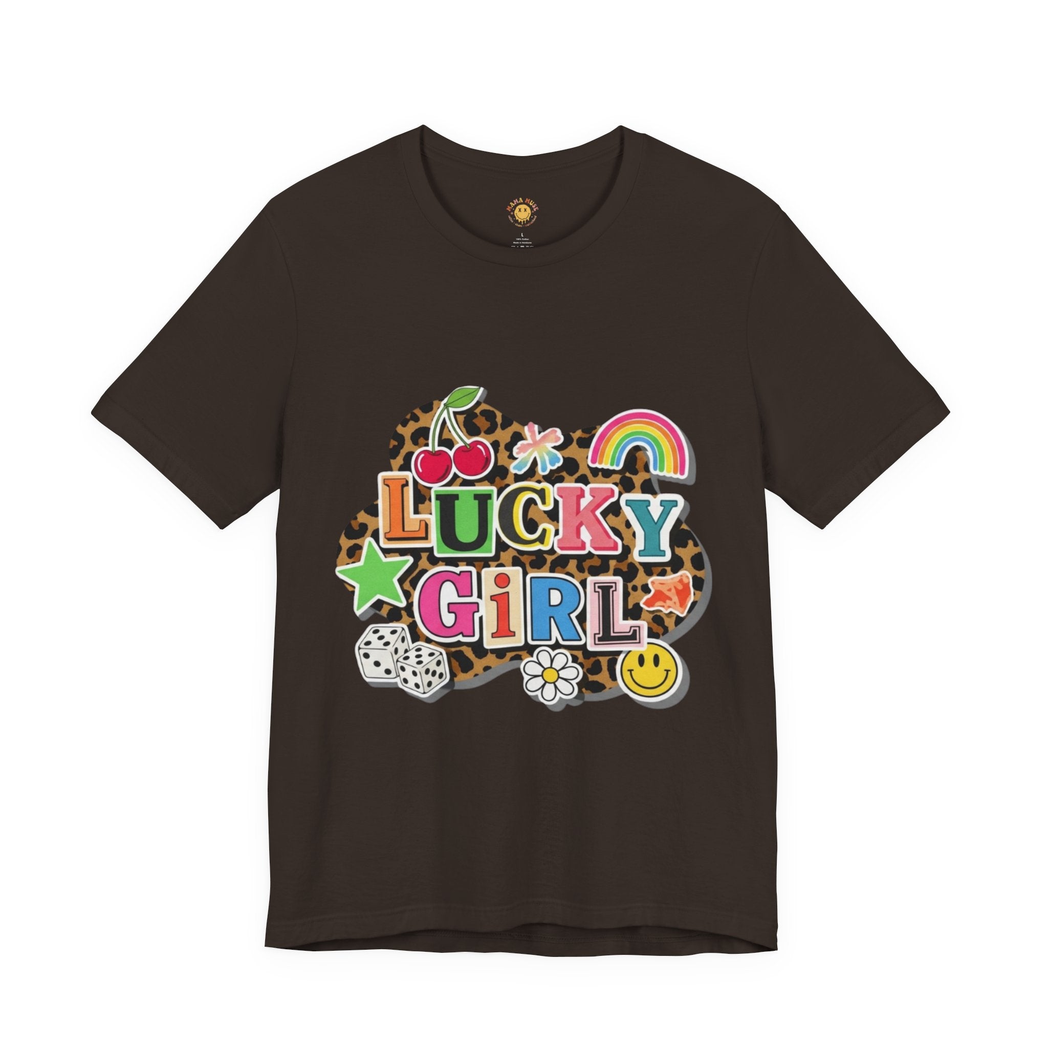 Lucky Girl Graphic Tee — Vibrant Retro Rainbow & Leopard Print T-Shirt