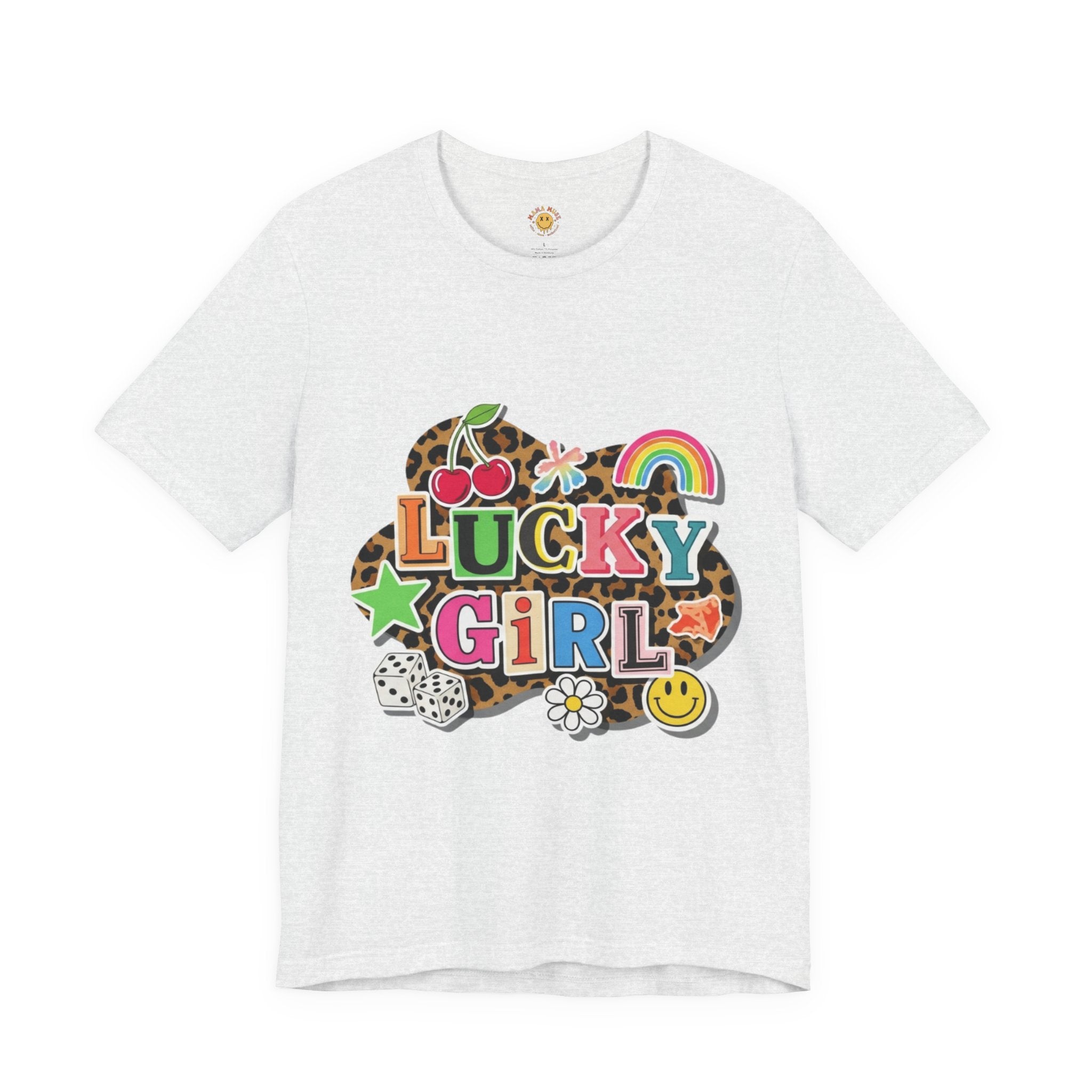 Lucky Girl Graphic Tee — Vibrant Retro Rainbow & Leopard Print T-Shirt