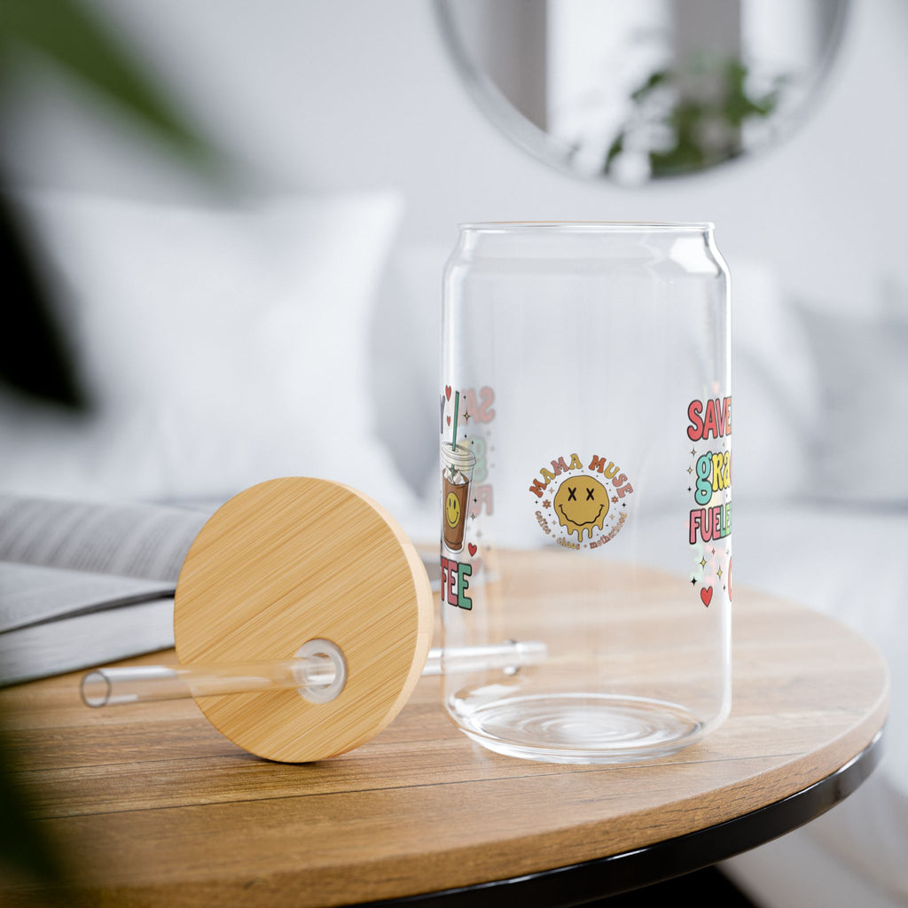 16oz Glass Sipper - "Saved By Grace Fueled By Coffee" Inspirational Drink Jar with Bamboo Lid & Straw