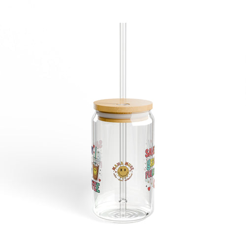 16oz Glass Sipper - "Saved By Grace Fueled By Coffee" Inspirational Drink Jar with Bamboo Lid & Straw