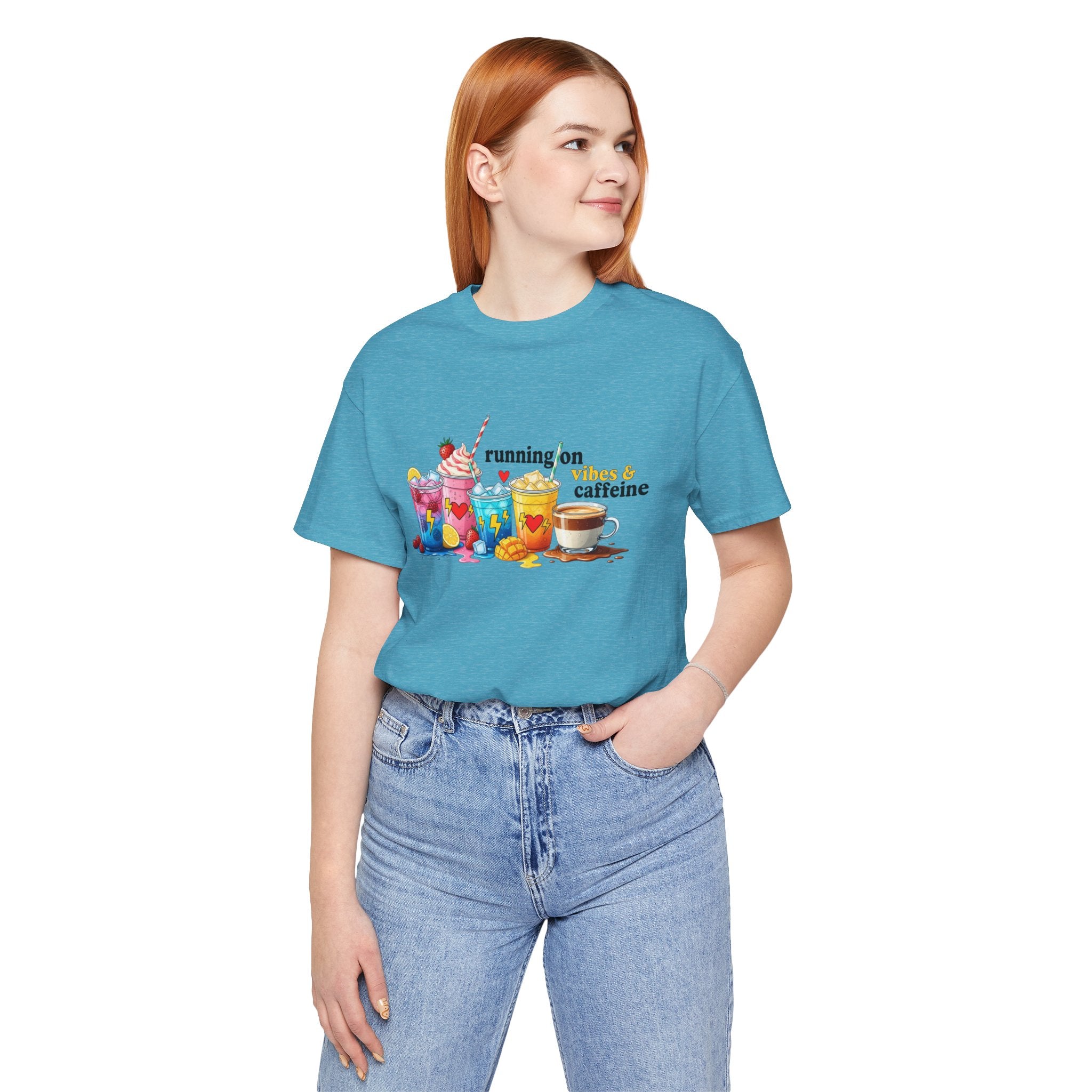 Running on Coffee & Vibes T‑Shirt — Colorful Beverage Graphic Tee