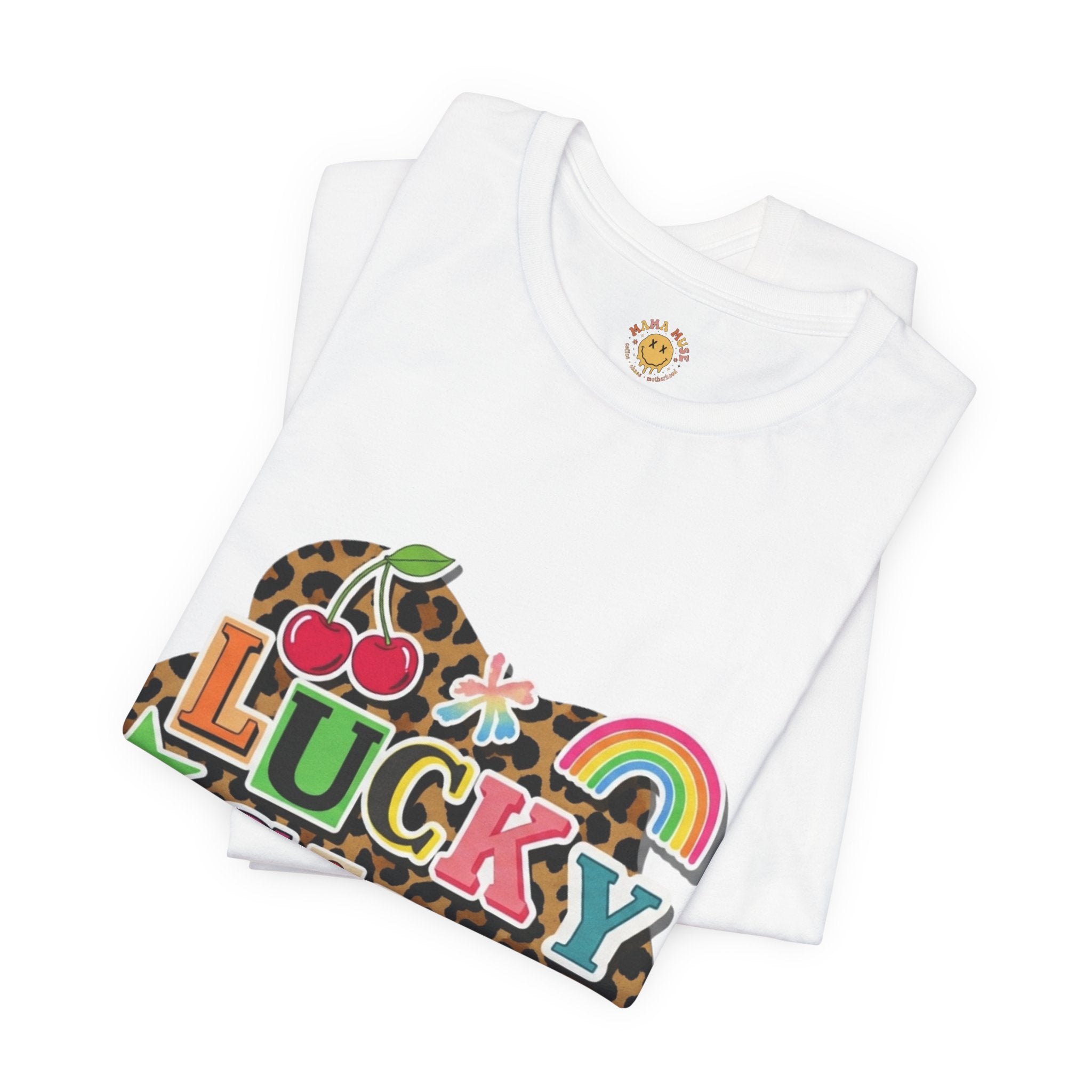 Lucky Girl Graphic Tee — Vibrant Retro Rainbow & Leopard Print T-Shirt