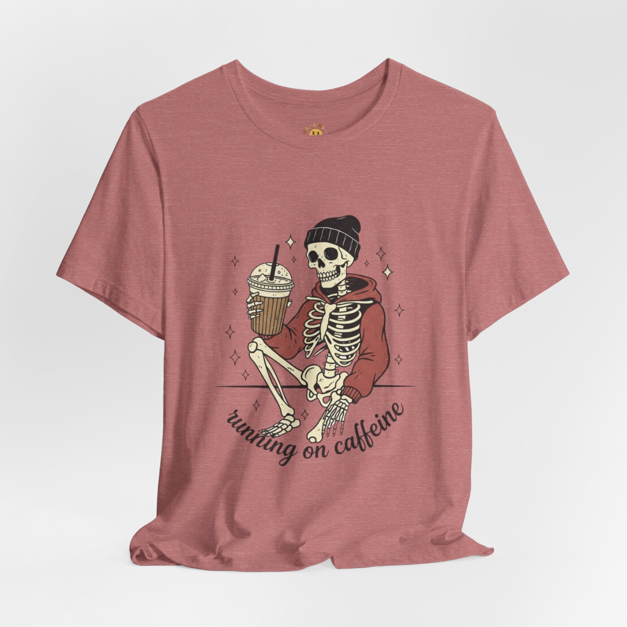 Skeleton Sips Tee — "Running on Caffeine" Coffee Skull Graphic Shirt
