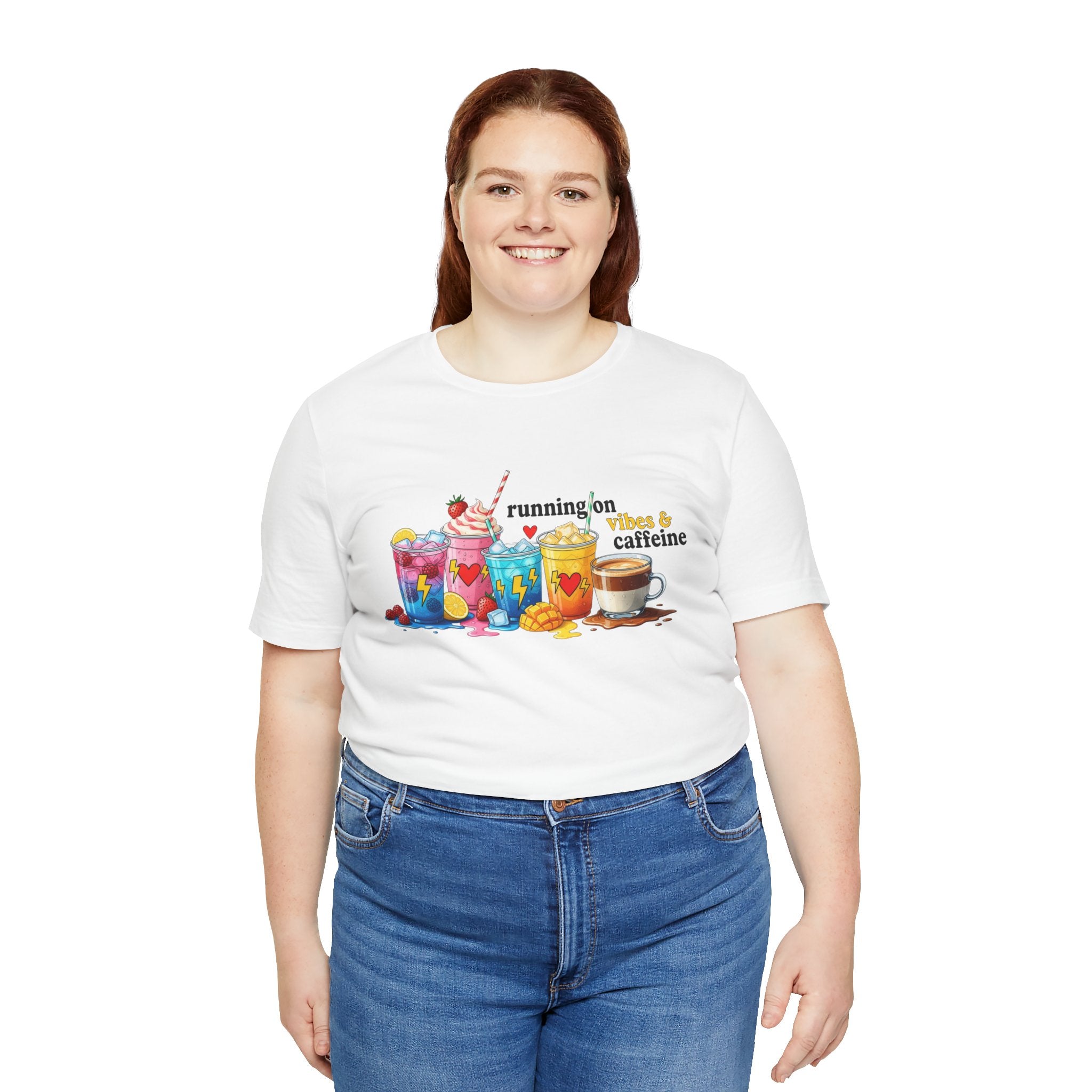 Running on Coffee & Vibes T‑Shirt — Colorful Beverage Graphic Tee