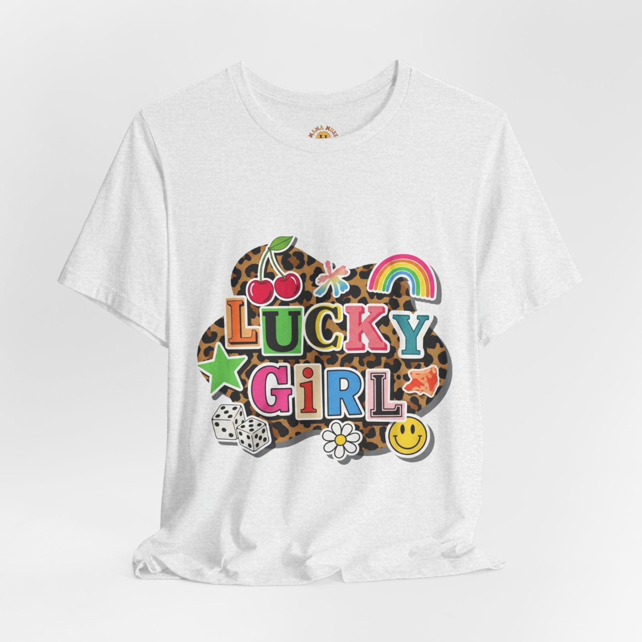 Lucky Girl Graphic Tee — Vibrant Retro Rainbow & Leopard Print T-Shirt