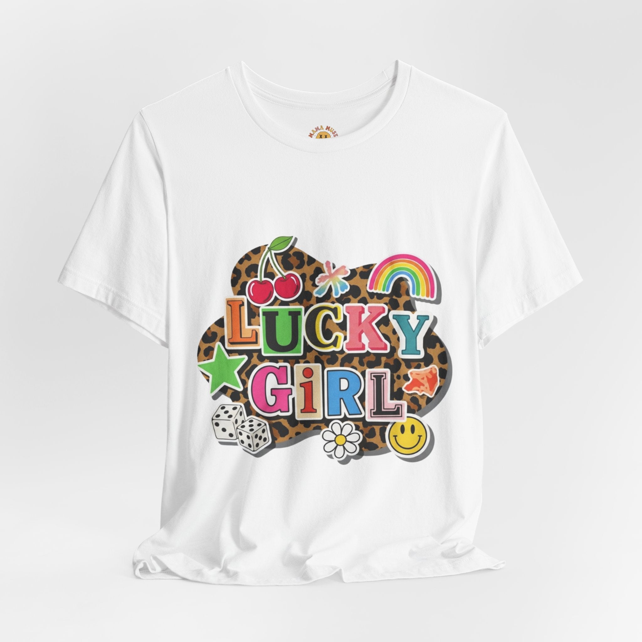 Lucky Girl Graphic Tee — Vibrant Retro Rainbow & Leopard Print T-Shirt