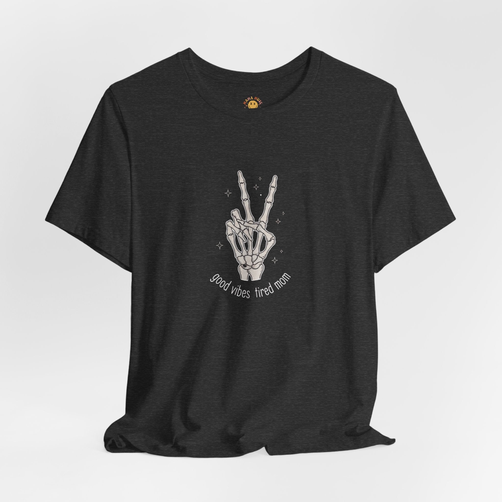Skeleton Peace Sign T-Shirt - "Good Vibes, Tired Mom" Retro Skull Peace Tee