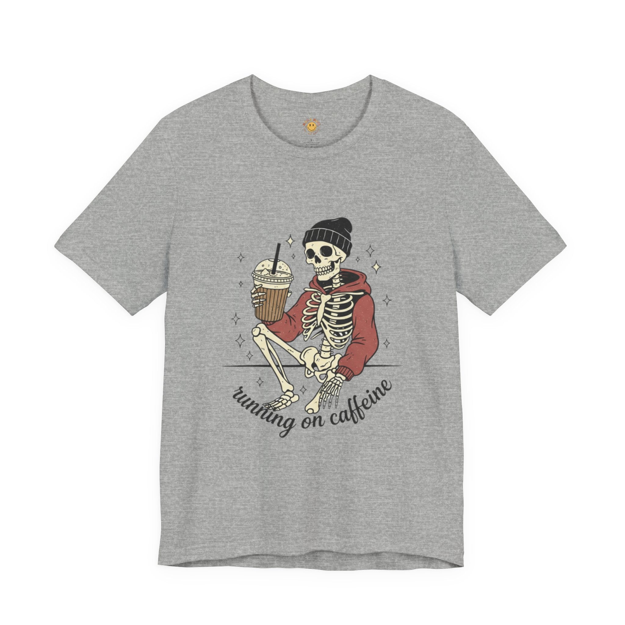 Skeleton Sips Tee — "Running on Caffeine" Coffee Skull Graphic Shirt