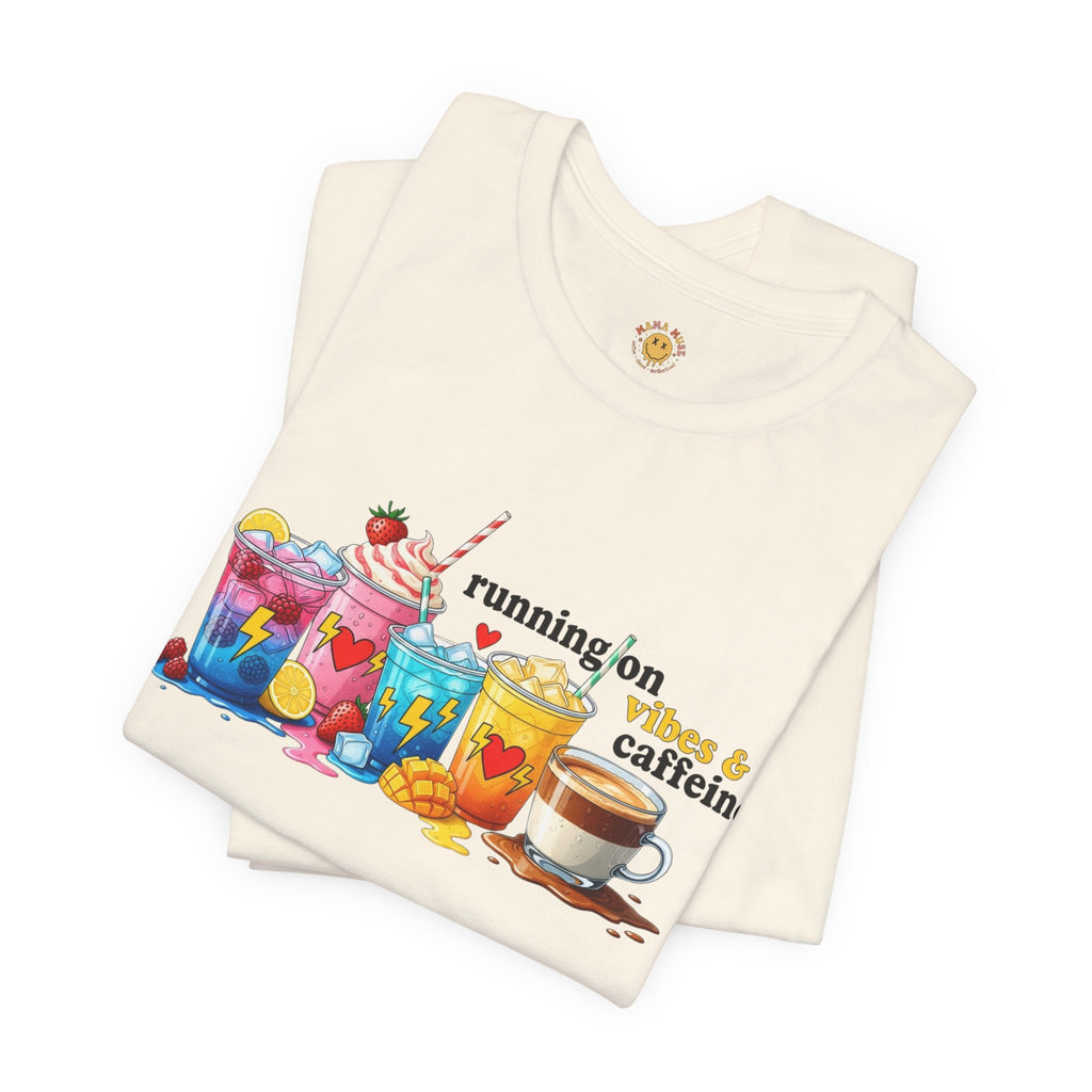 Running on Coffee & Vibes T‑Shirt — Colorful Beverage Graphic Tee