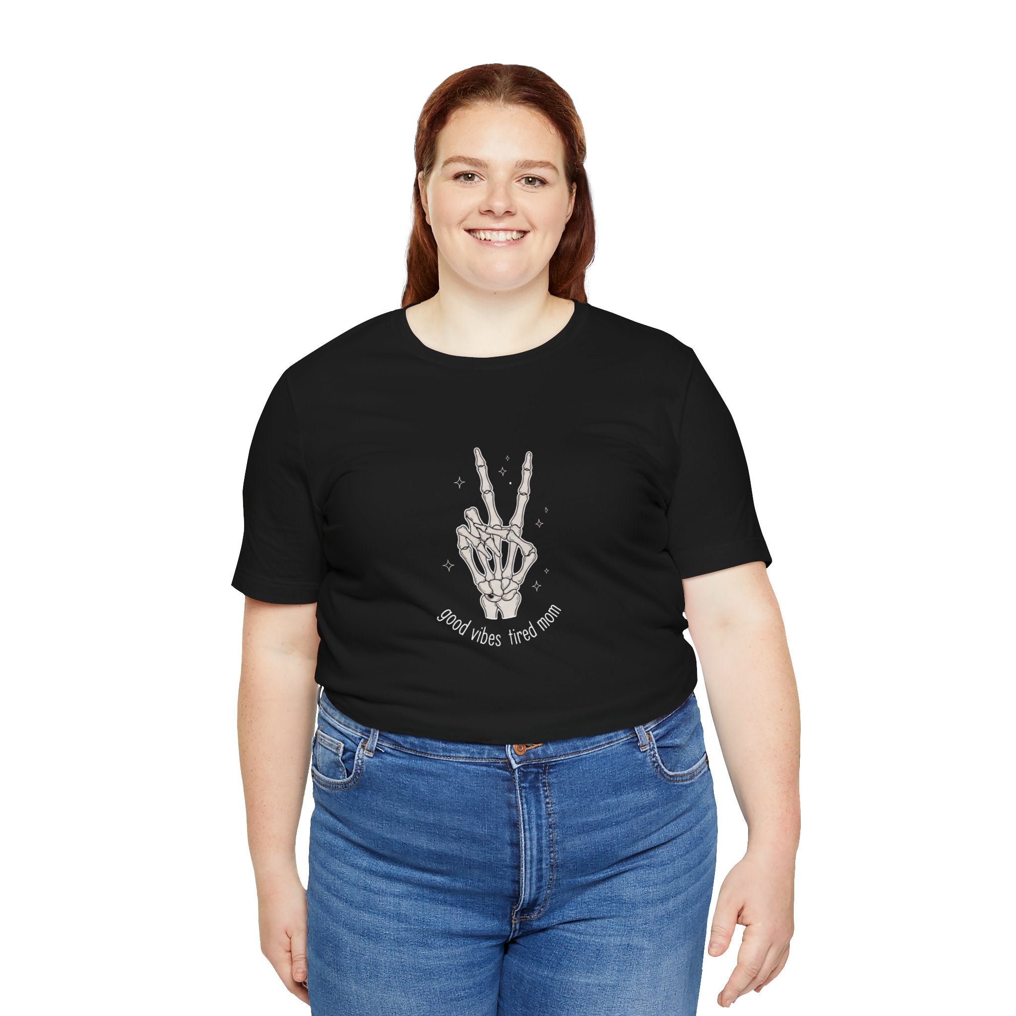 Skeleton Peace Sign T-Shirt - "Good Vibes, Tired Mom" Retro Skull Peace Tee