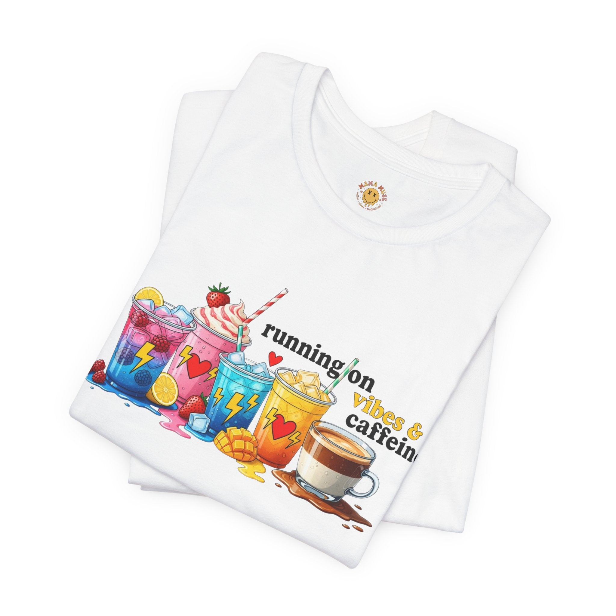 Running on Coffee & Vibes T‑Shirt — Colorful Beverage Graphic Tee