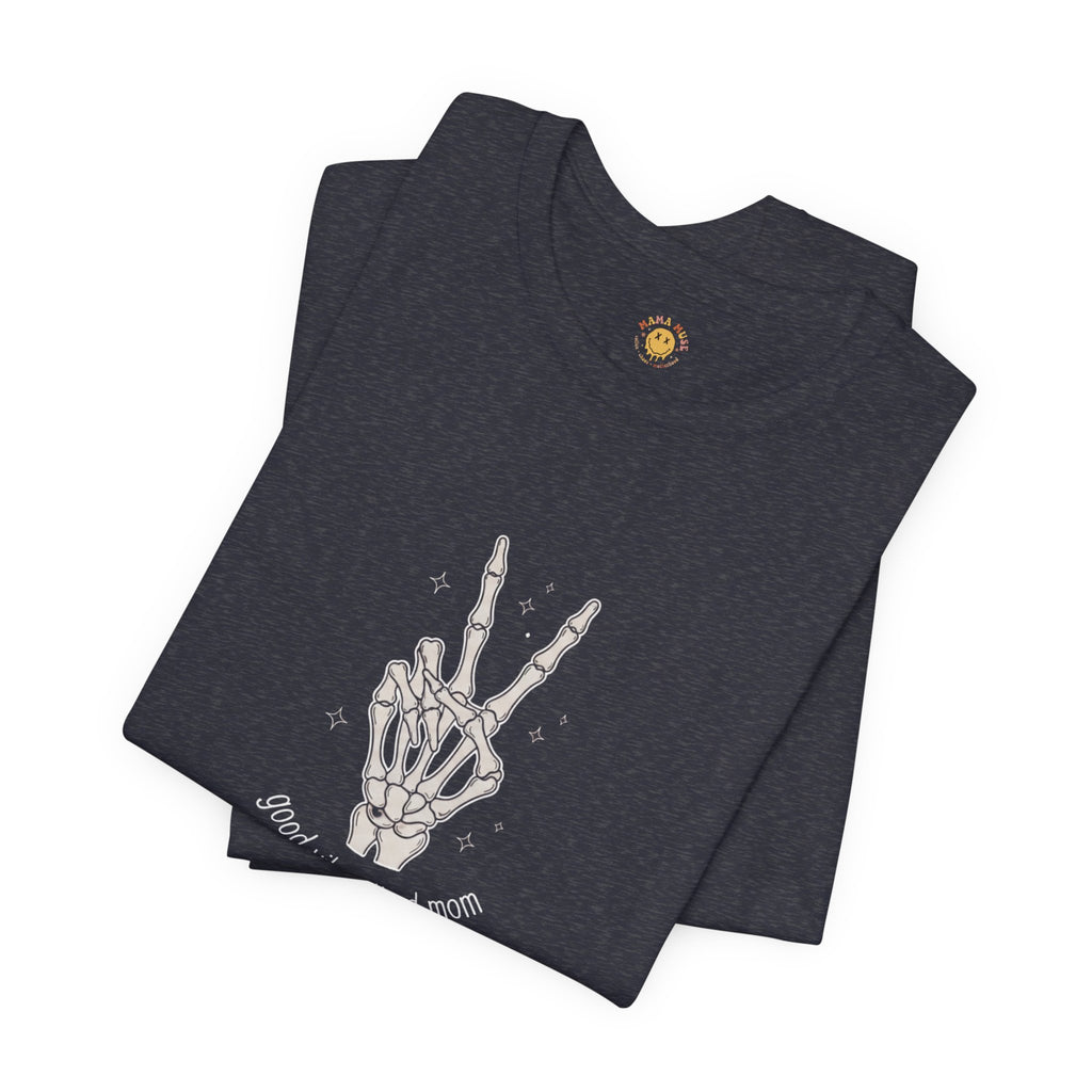 Skeleton Peace Sign T-Shirt - "Good Vibes, Tired Mom" Retro Skull Peace Tee