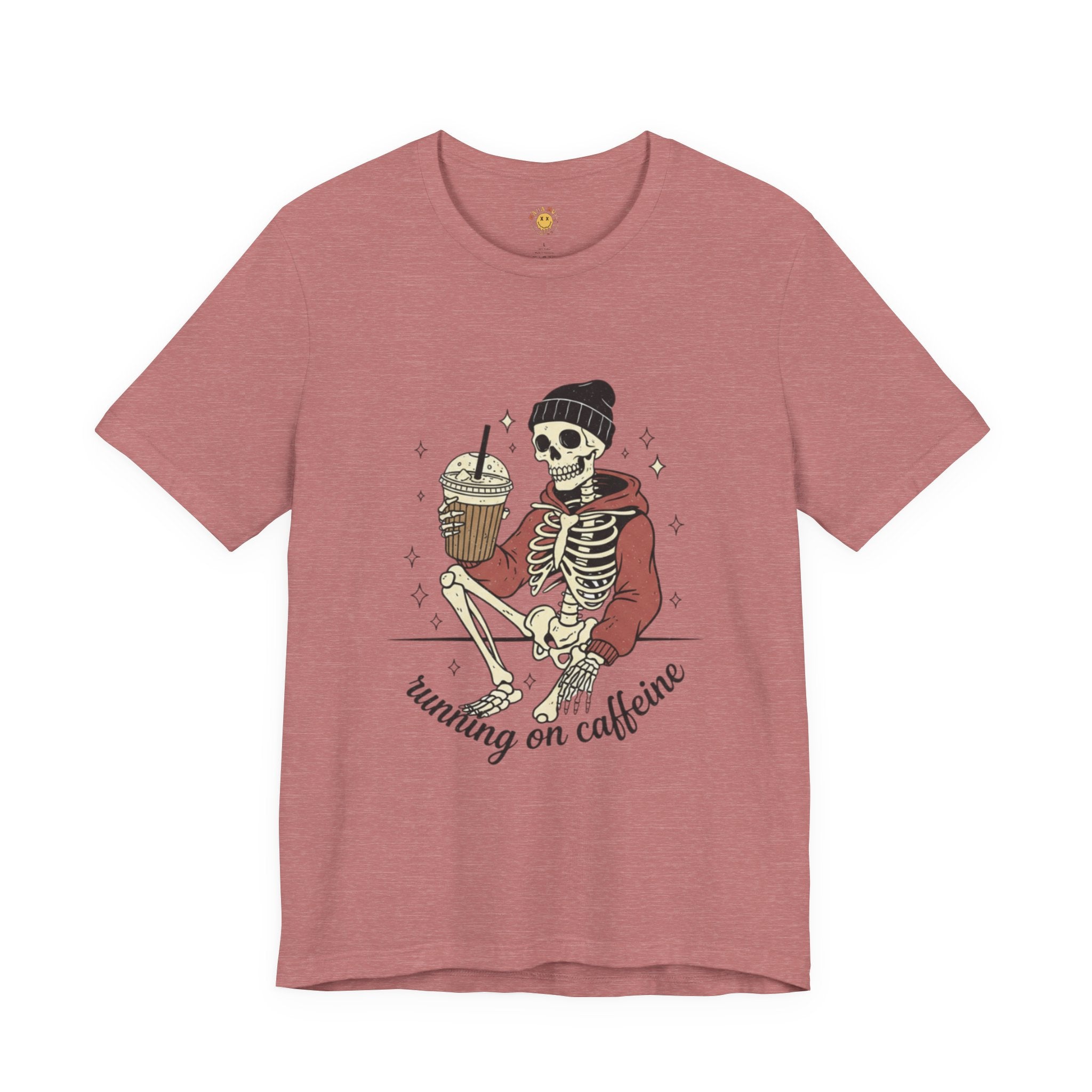 Skeleton Sips Tee — "Running on Caffeine" Coffee Skull Graphic Shirt