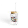 16oz Glass Sipper - "Saved By Grace Fueled By Coffee" Inspirational Drink Jar with Bamboo Lid & Straw