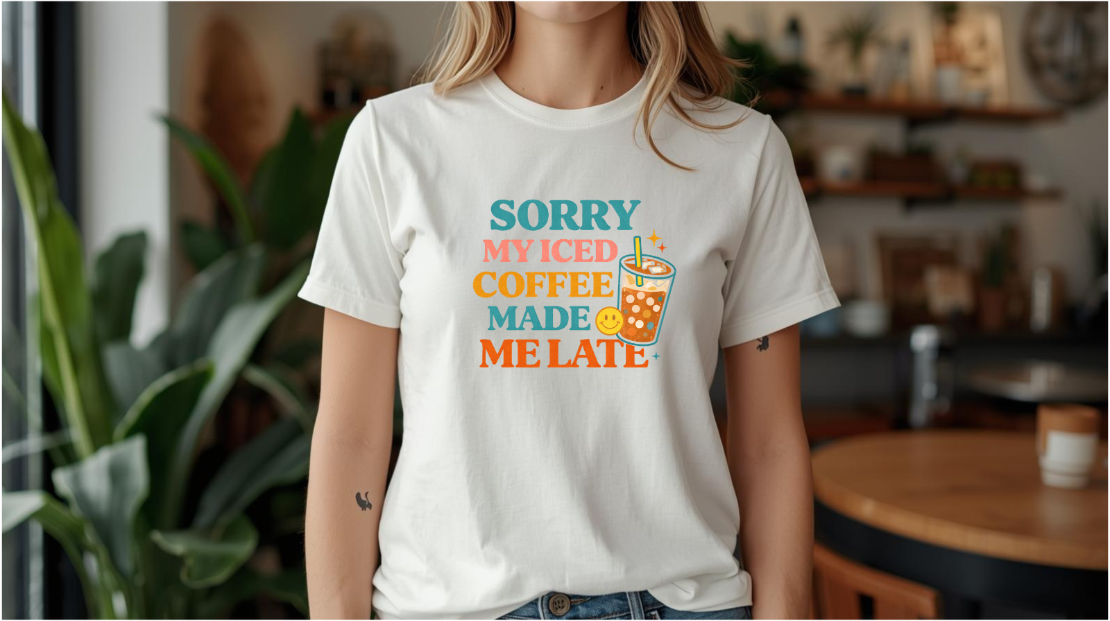 Sorry My Iced Coffee Made Me Late Boxy Tee – Funny Coffee Graphic Women’s Shirt
