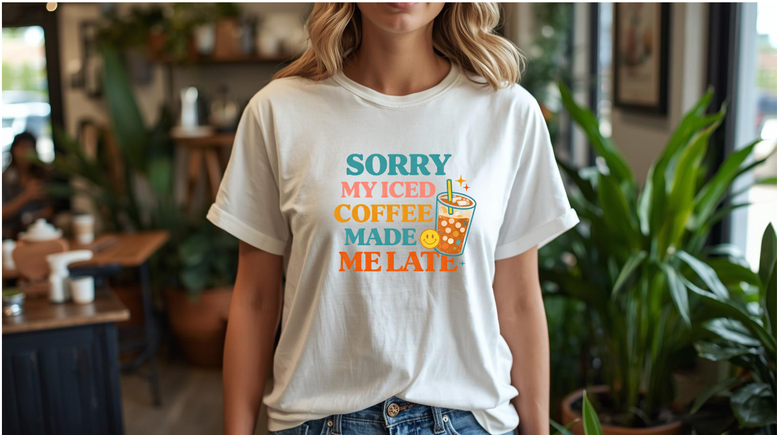 Sorry My Iced Coffee Made Me Late Boxy Tee – Funny Coffee Graphic Women’s Shirt