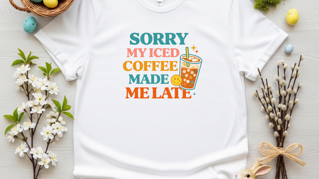 Sorry My Iced Coffee Made Me Late Boxy Tee – Funny Coffee Graphic Women’s Shirt