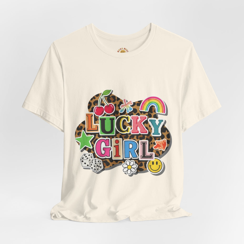 Lucky Girl Graphic Tee — Vibrant Retro Rainbow & Leopard Print T-Shirt