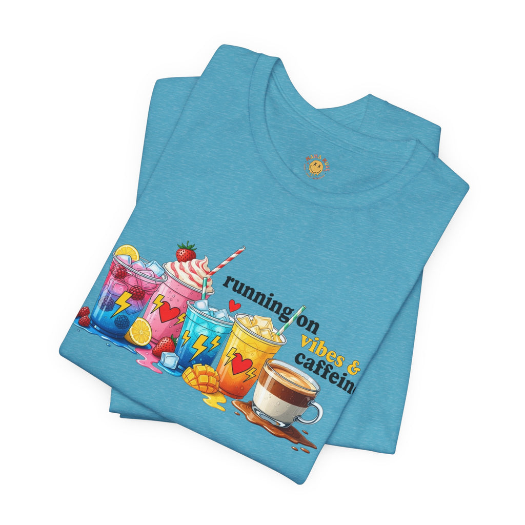 Running on Coffee & Vibes T‑Shirt — Colorful Beverage Graphic Tee