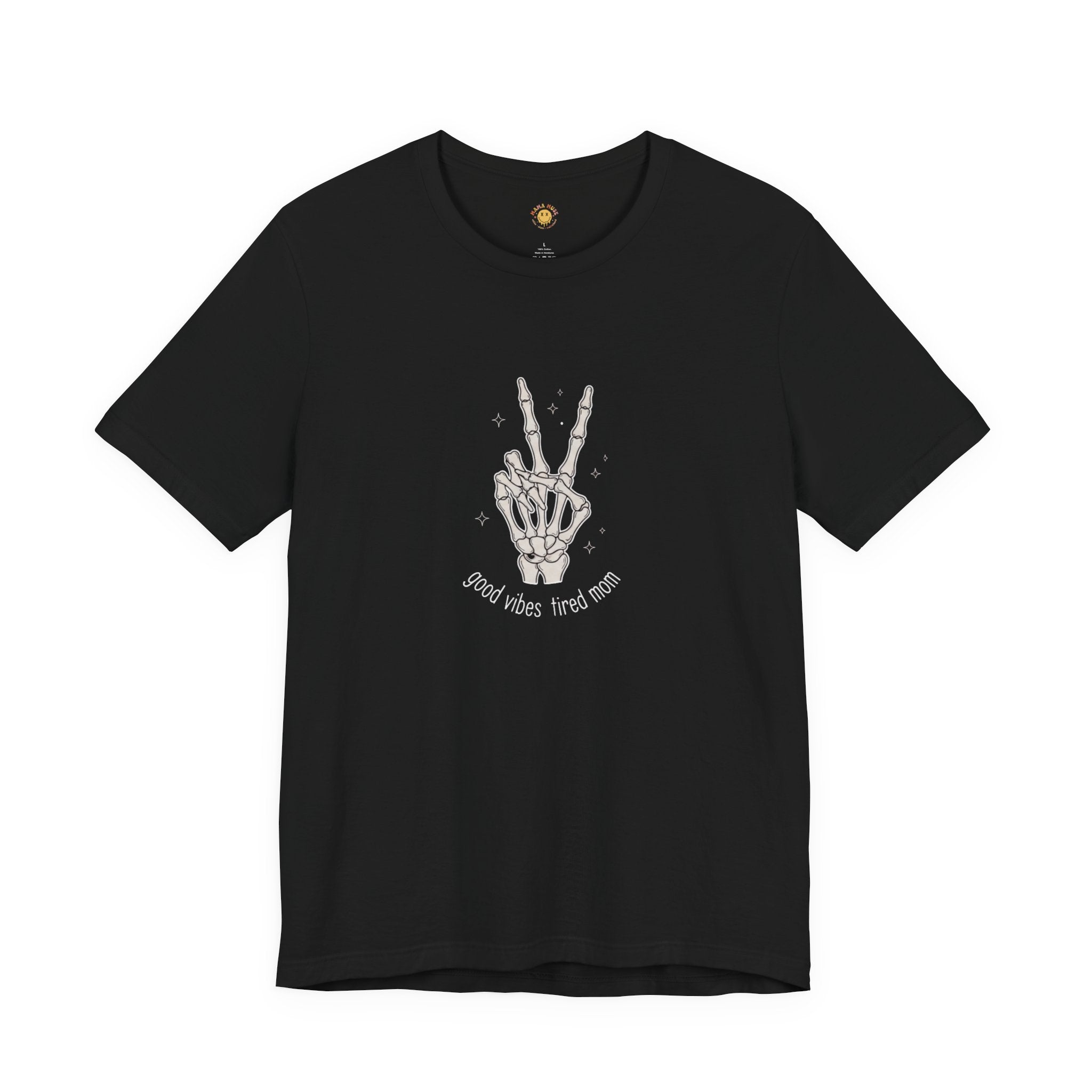 Skeleton Peace Sign T-Shirt - "Good Vibes, Tired Mom" Retro Skull Peace Tee