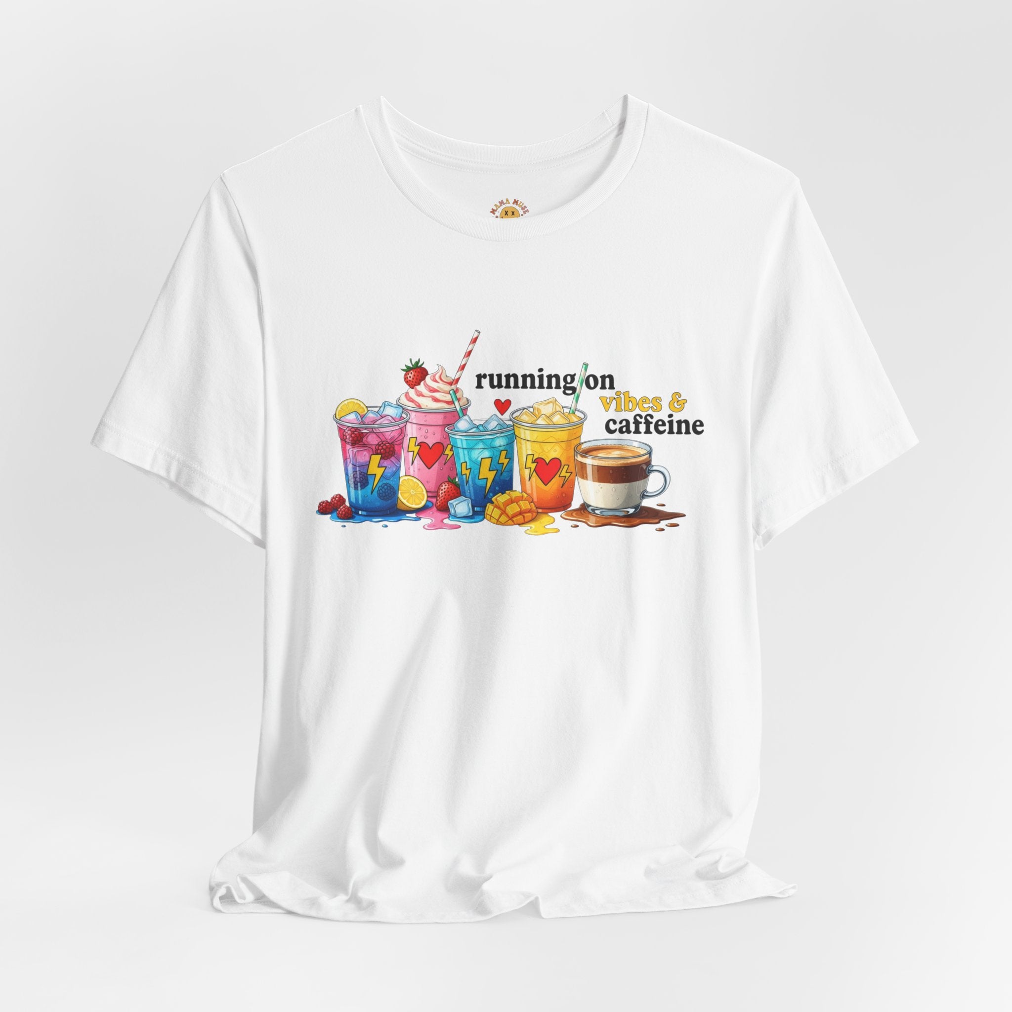 Running on Coffee & Vibes T‑Shirt — Colorful Beverage Graphic Tee