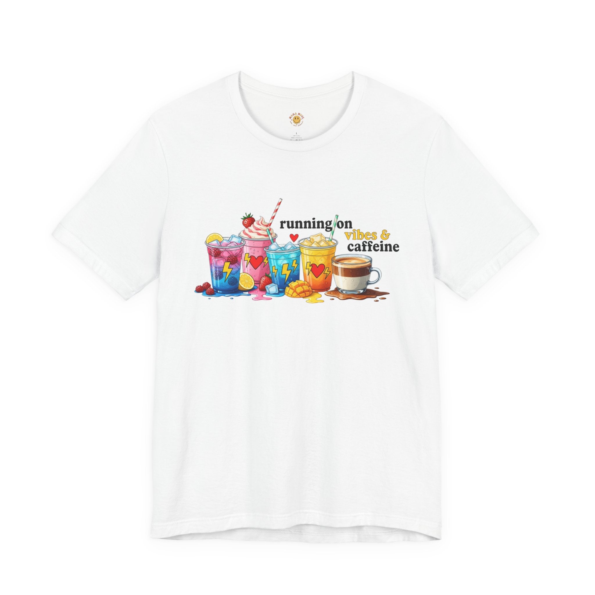 Running on Coffee & Vibes T‑Shirt — Colorful Beverage Graphic Tee