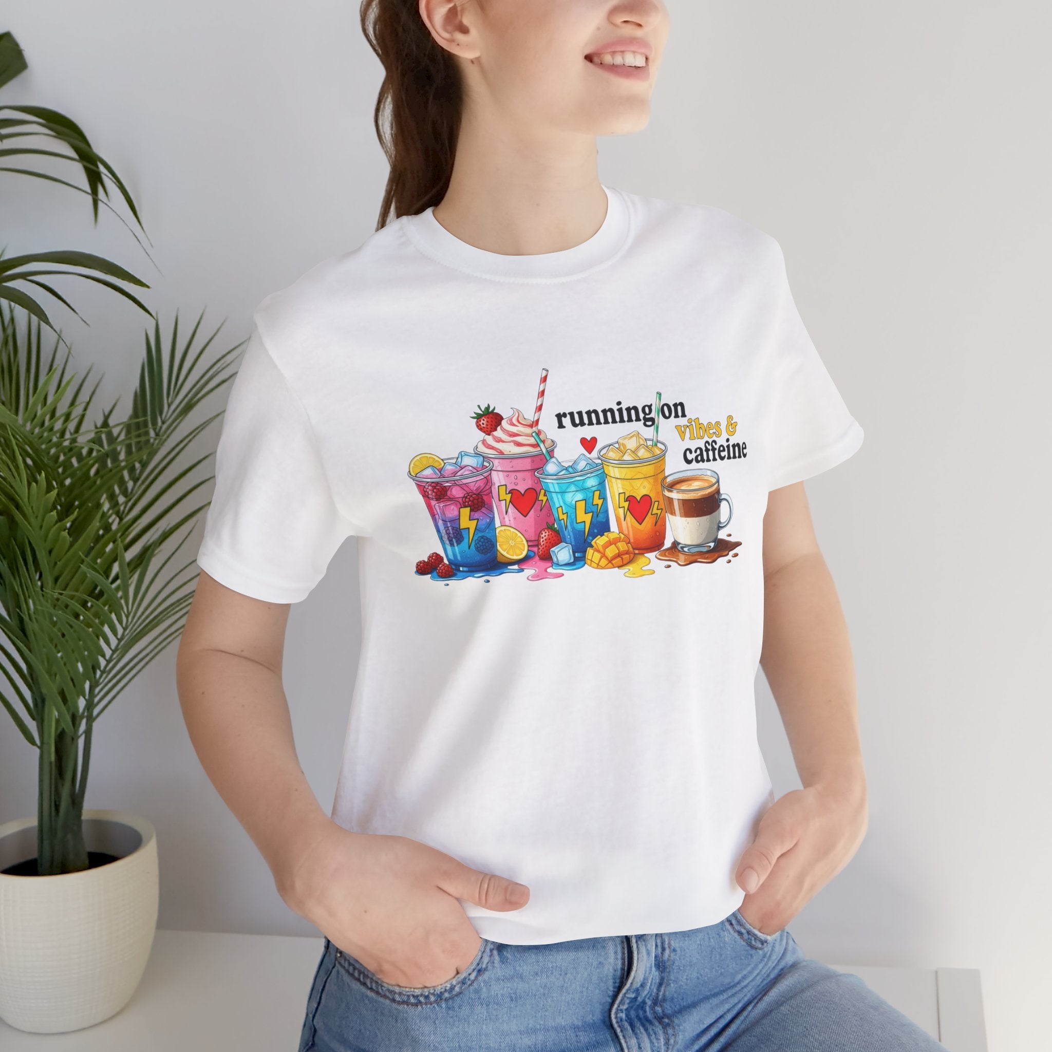 Running on Coffee & Vibes T‑Shirt — Colorful Beverage Graphic Tee