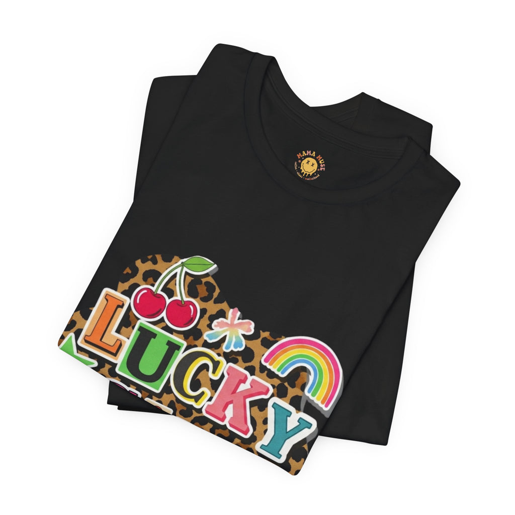 Lucky Girl Graphic Tee — Vibrant Retro Rainbow & Leopard Print T-Shirt