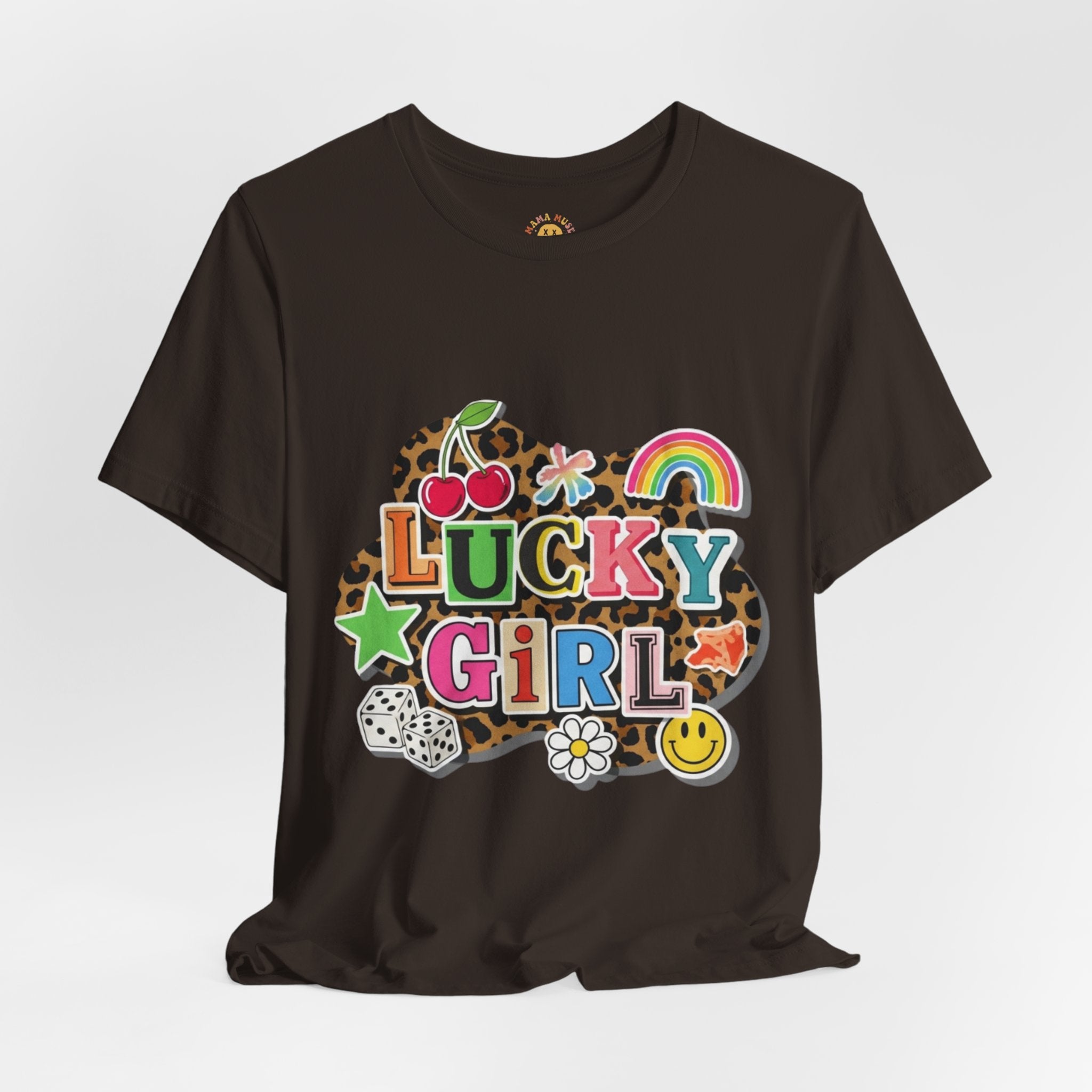 Lucky Girl Graphic Tee — Vibrant Retro Rainbow & Leopard Print T-Shirt