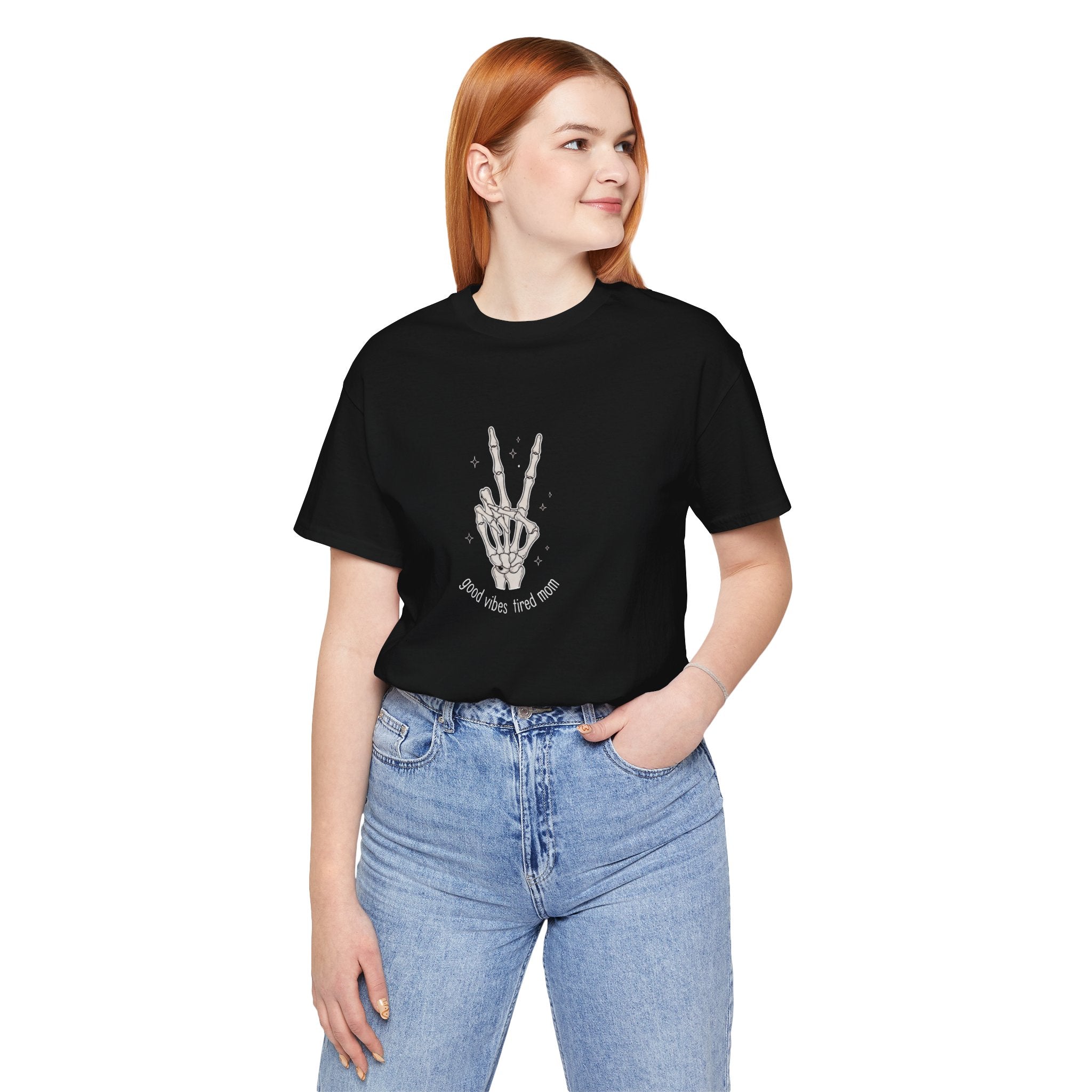 Skeleton Peace Sign T-Shirt - "Good Vibes, Tired Mom" Retro Skull Peace Tee