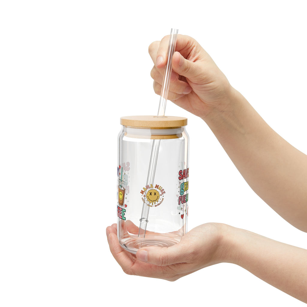 16oz Glass Sipper - "Saved By Grace Fueled By Coffee" Inspirational Drink Jar with Bamboo Lid & Straw