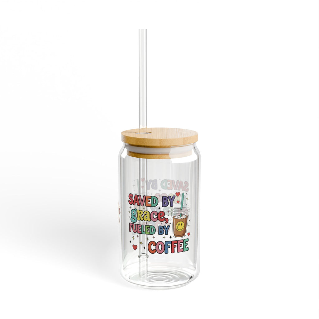 16oz Glass Sipper - "Saved By Grace Fueled By Coffee" Inspirational Drink Jar with Bamboo Lid & Straw