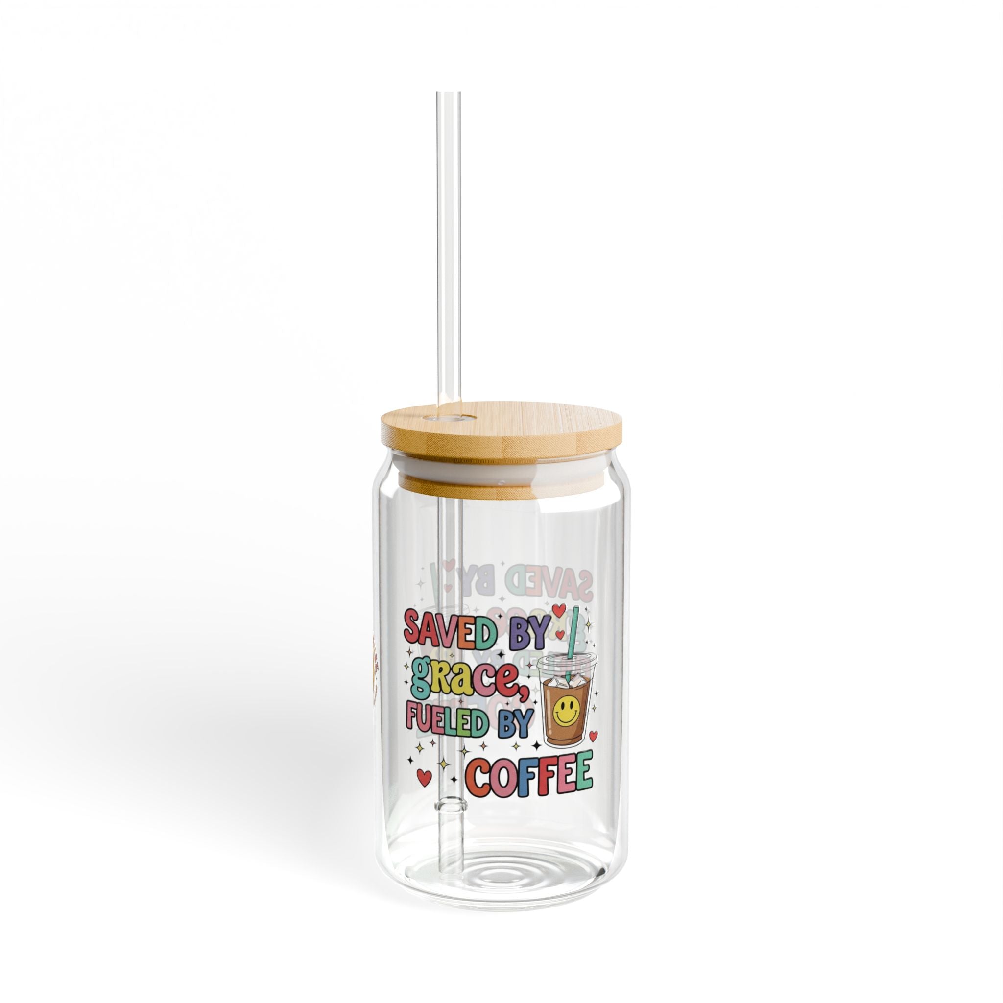 16oz Glass Sipper - "Saved By Grace Fueled By Coffee" Inspirational Drink Jar with Bamboo Lid & Straw
