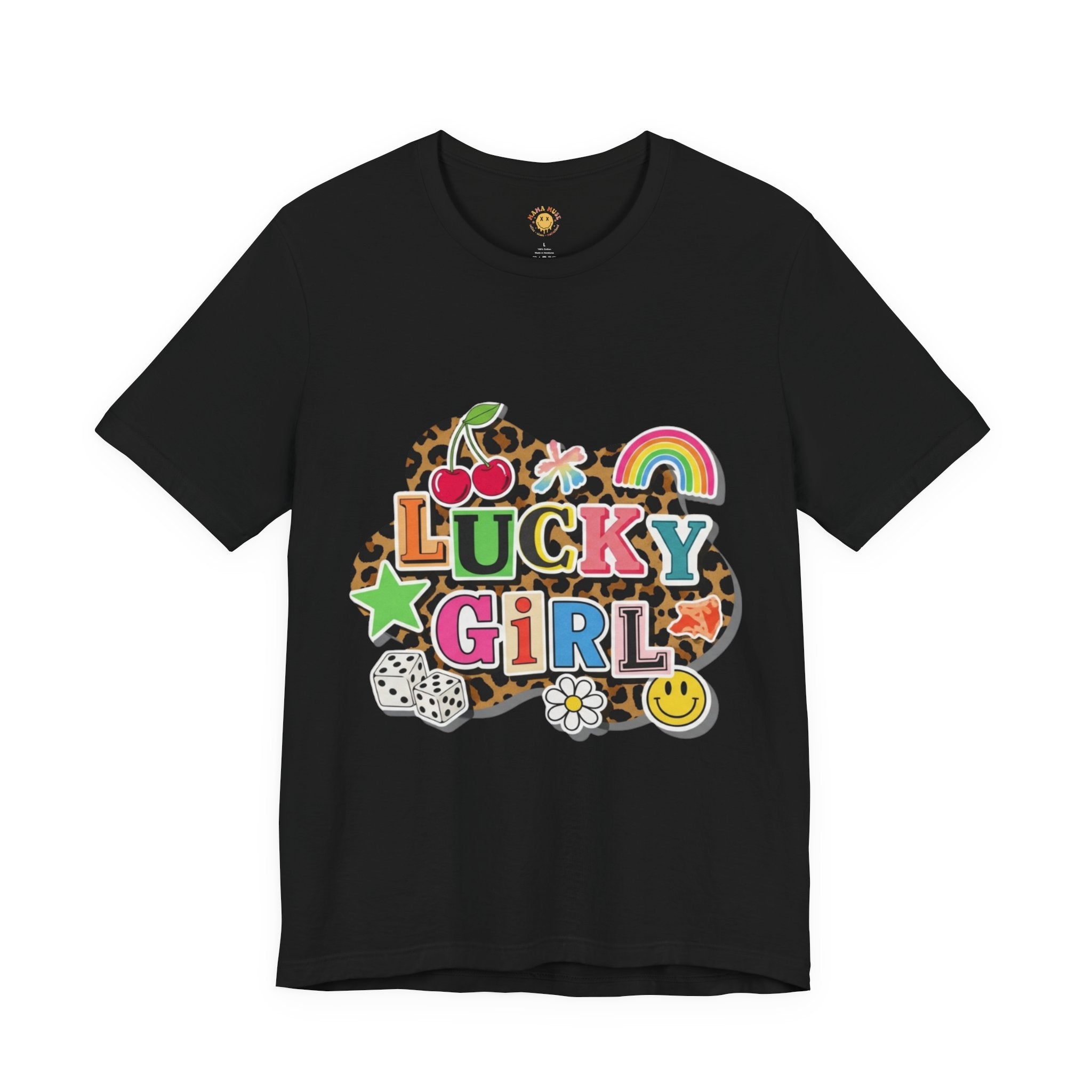 Lucky Girl Graphic Tee — Vibrant Retro Rainbow & Leopard Print T-Shirt
