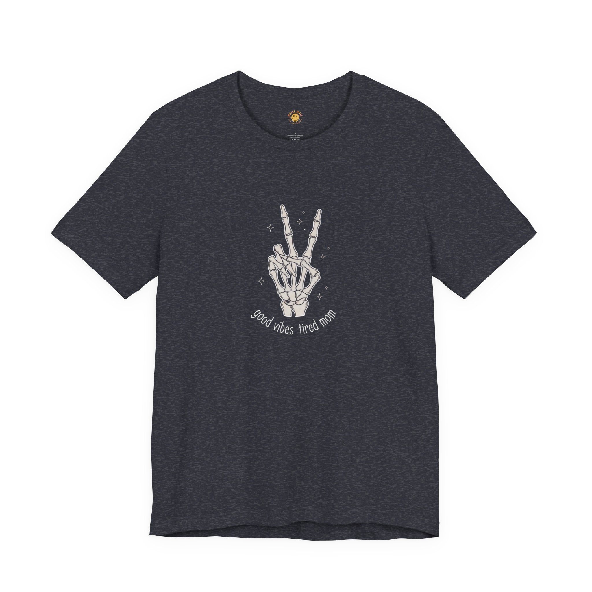 Skeleton Peace Sign T-Shirt - "Good Vibes, Tired Mom" Retro Skull Peace Tee