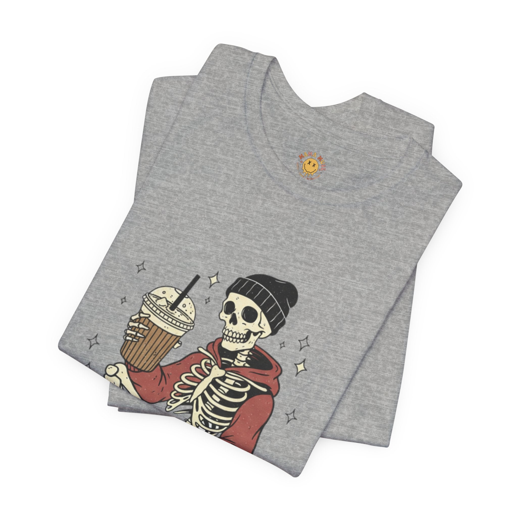 Skeleton Sips Tee — "Running on Caffeine" Coffee Skull Graphic Shirt